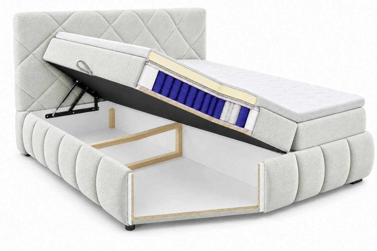 BOXBETT 160/200 cm,  in Beige, gepolstertes Kopfteil, Bettkasten, Topper, Matratzen, H3 + H3 = fest  - Beige/Schwarz, Design, Kunststoff/Textil (160/200cm) - Chameo