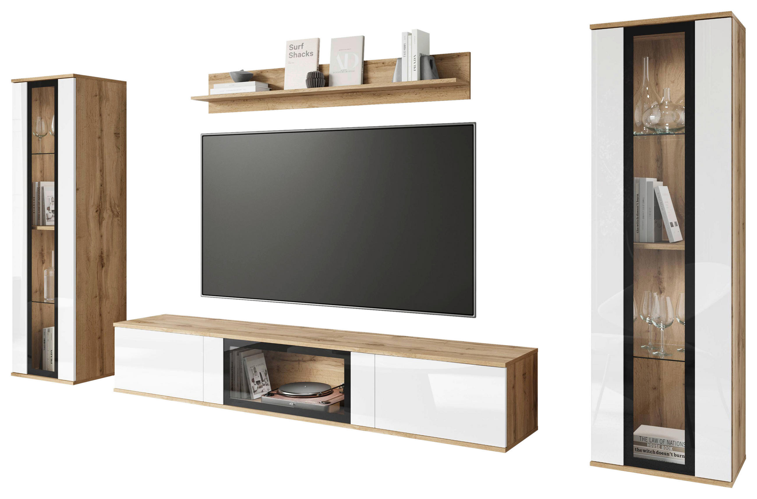 Ansamblu Mobilier Camera De Z, 4 piese, stejar Wotan, alb lucios intens, 262/141,9/33 cm