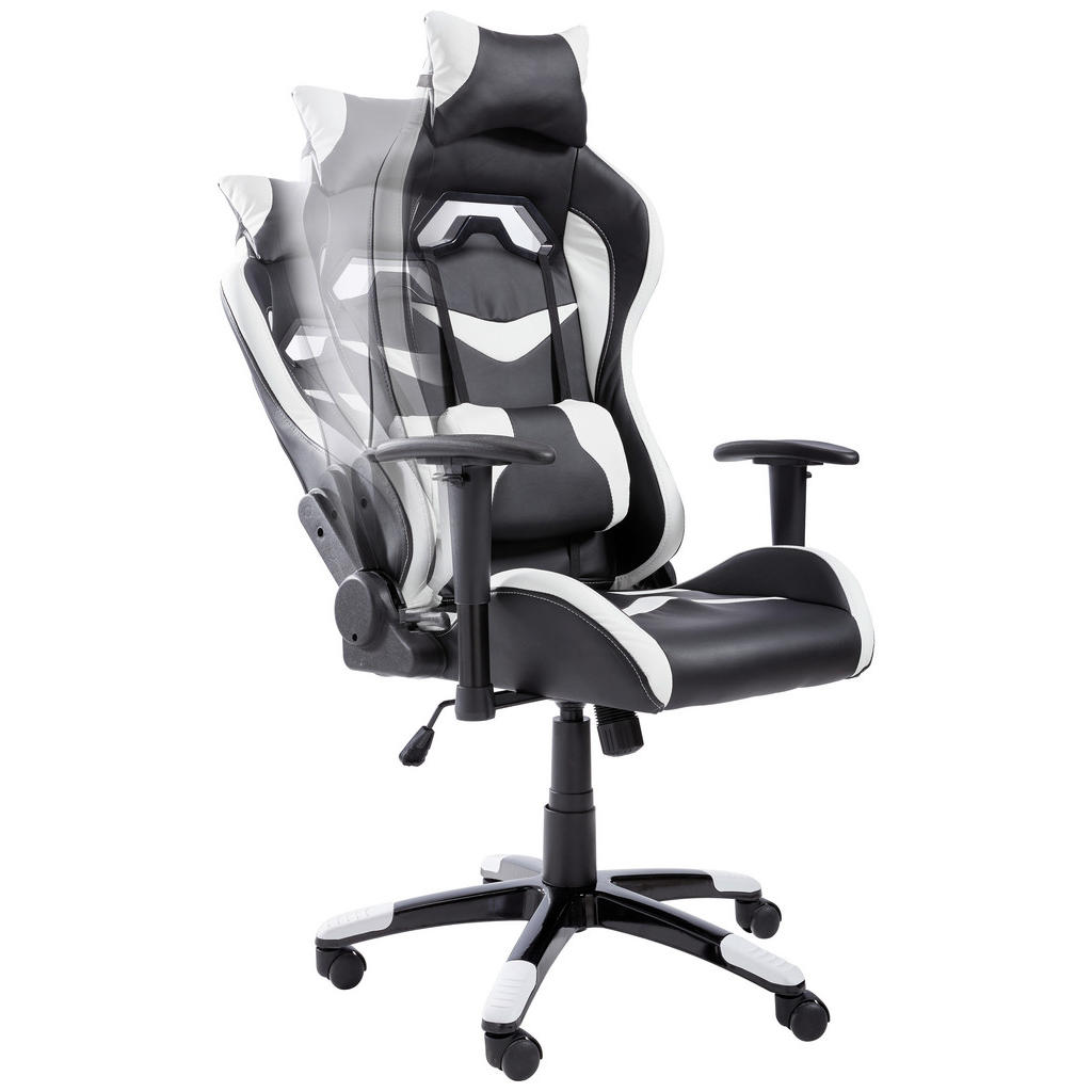 Thumbnail - Hom`in Gamingstuhl, Schwarz, Weiß, Metall, Kunststoff, Textil, Drehkreuz, 68x124-134x59 cm, Sitzfläche 360° drehbar, ink...