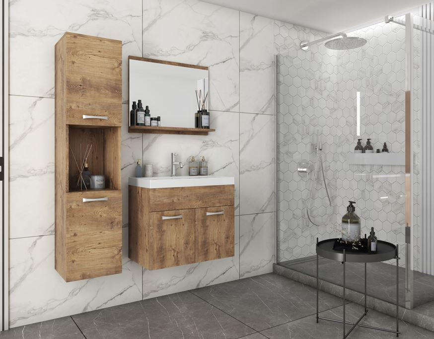 BADEZIMMER 4-teilig  in 90 cm  - Kastanieneichefarben/Weiß Hochglanz, LIFESTYLE, Holzwerkstoff/Metall (90cm) - P & B