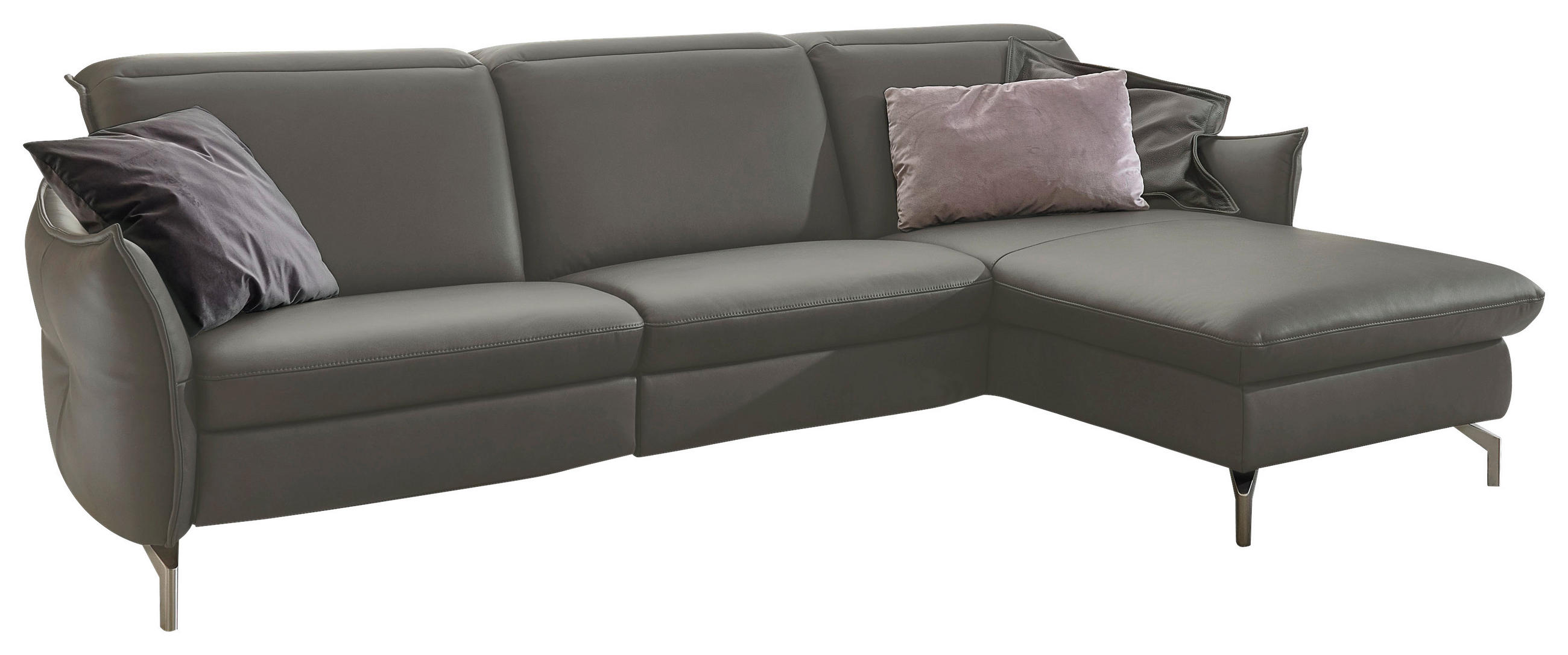 ECKSOFA in Echtleder Grau - Grau/Nickelfarben, Modern, Leder/Metall (263/179cm) - Livetastic