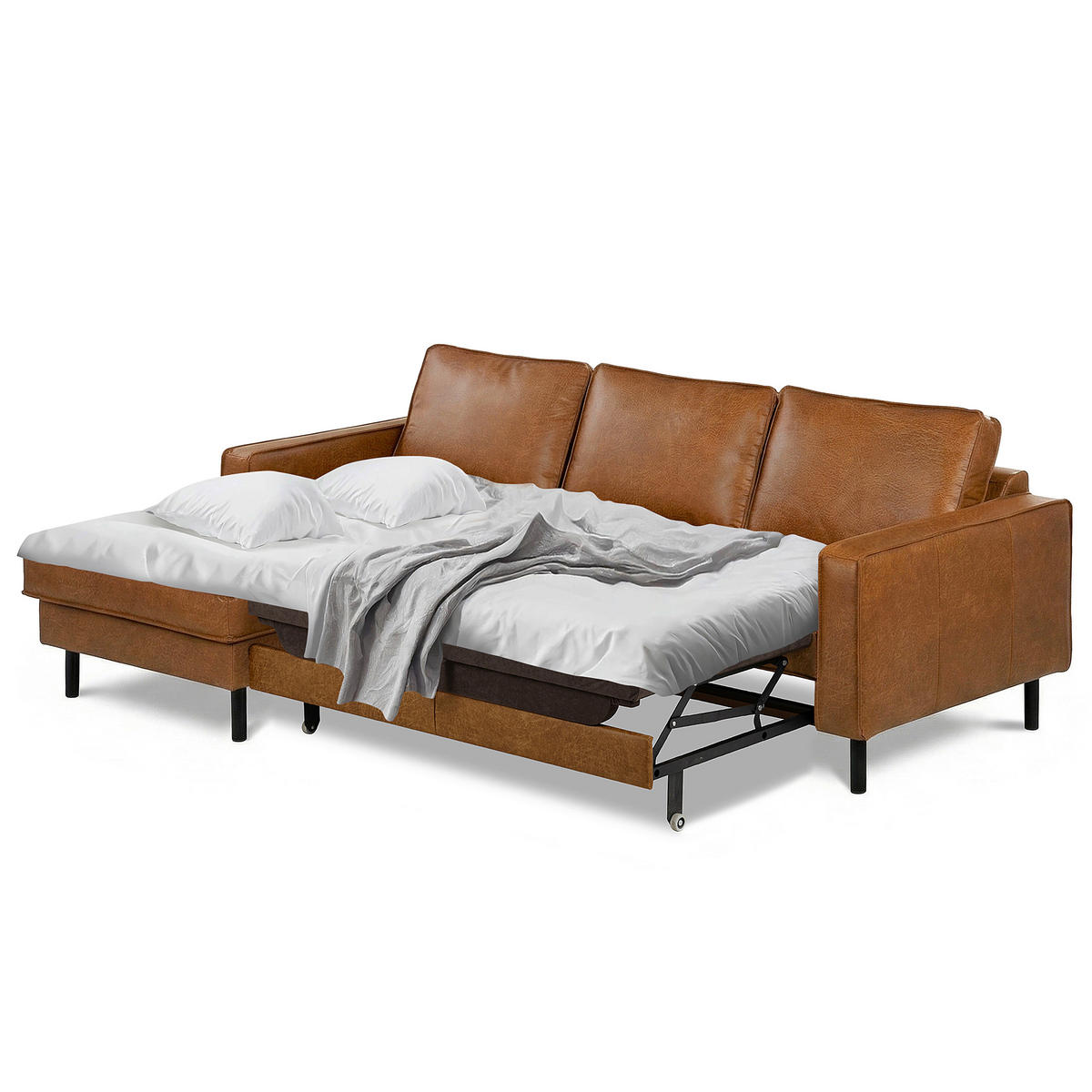 ECKSOFA  in Echtleder Cognac  - Cognac/Schwarz, Design, Leder/Metall (166/238cm) - Livetastic