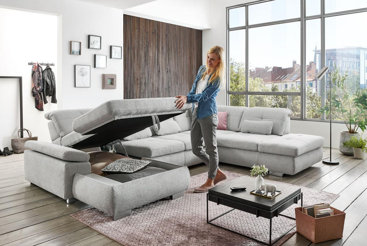 SAROKKANAPÉ fa, faalapú anyag szürke  - króm/szürke, Design, faalapú anyag/fa (195/371/260cm) - Beldomo Style
