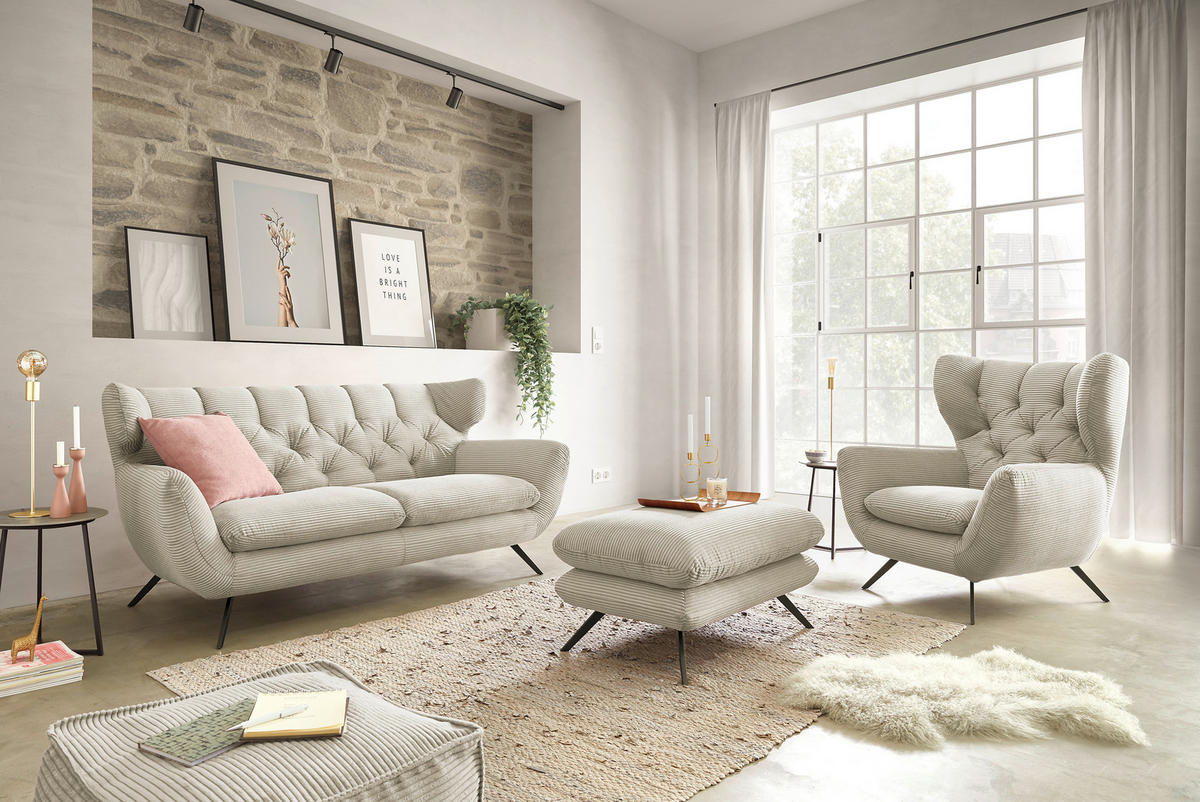CHESTERFIELD-SOFA Cord Naturfarben  - Schwarz/Naturfarben, MODERN, Textil/Metall (160/94/95cm) - Pure Home Lifestyle