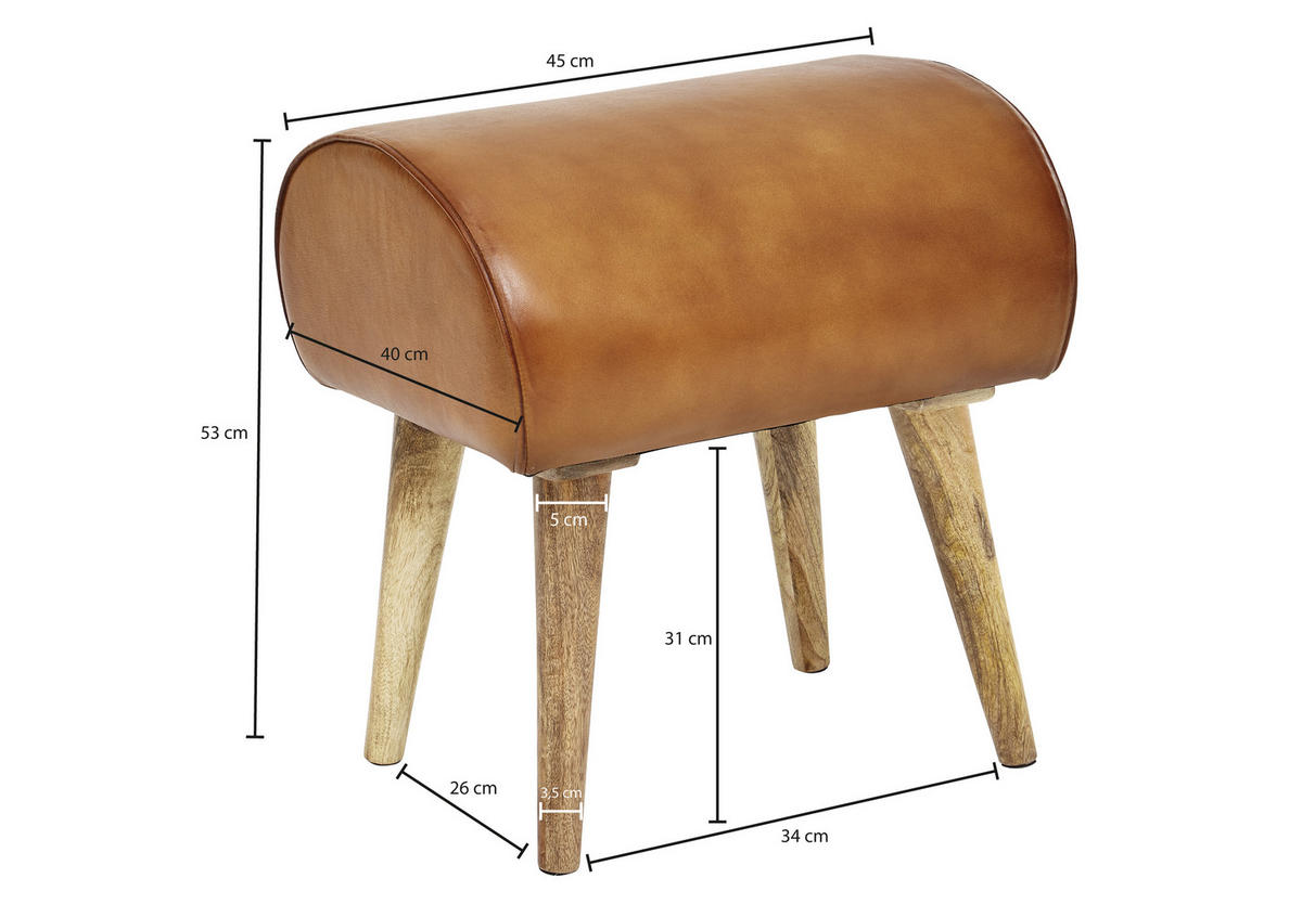 HOCKER Echtleder Braun  - Naturfarben/Braun, MODERN, Leder/Holz (45/53/40cm) - MID.YOU
