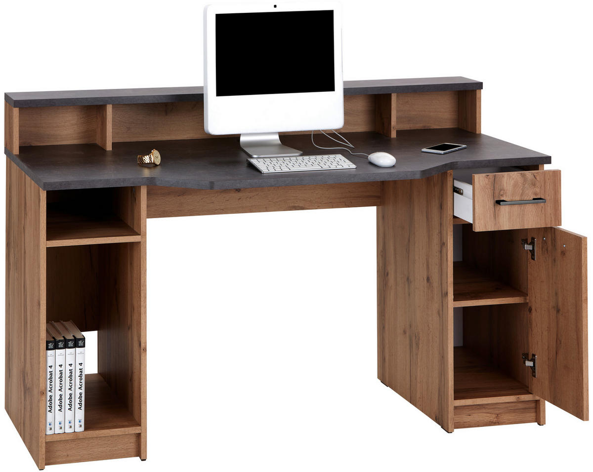 PISALNA MIZA leseni material siva, barve hrasta  - siva/črna, Moderno, umetna masa/leseni material (150/91/68cm) - Carryhome