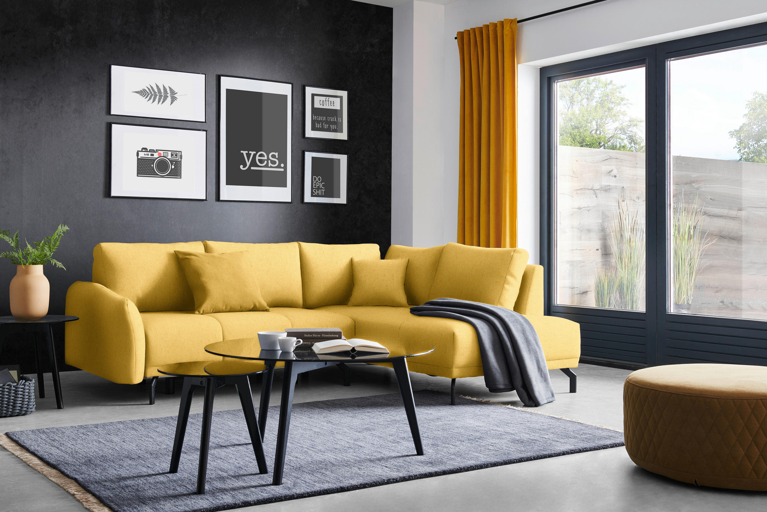 ECKSOFA in Webstoff Gelb  250/191 cm  - Gelb/Schwarz, Design, Textil/Metall (250/191cm) - Carryhome