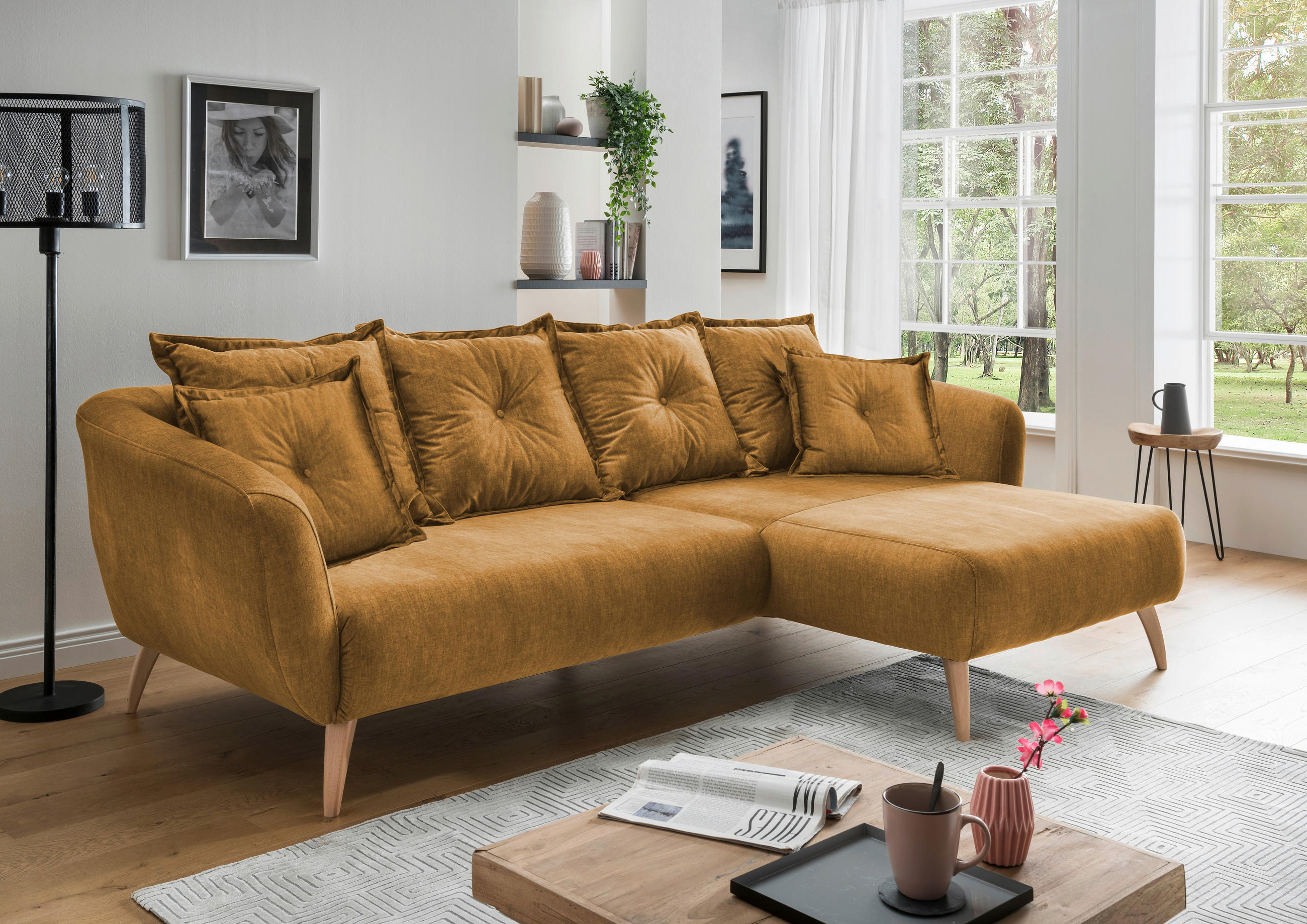 ECKSOFA in Velours Gelb 277/162 cm - Gelb/Buchefarben, MODERN, Holz/Textil (277/162cm) - Livetastic