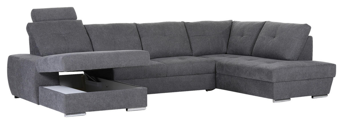WOHNLANDSCHAFT in Flachgewebe Dunkelgrau  - Chromfarben/Dunkelgrau, Konventionell, Kunststoff/Textil (180/338/217cm) - Hom`in