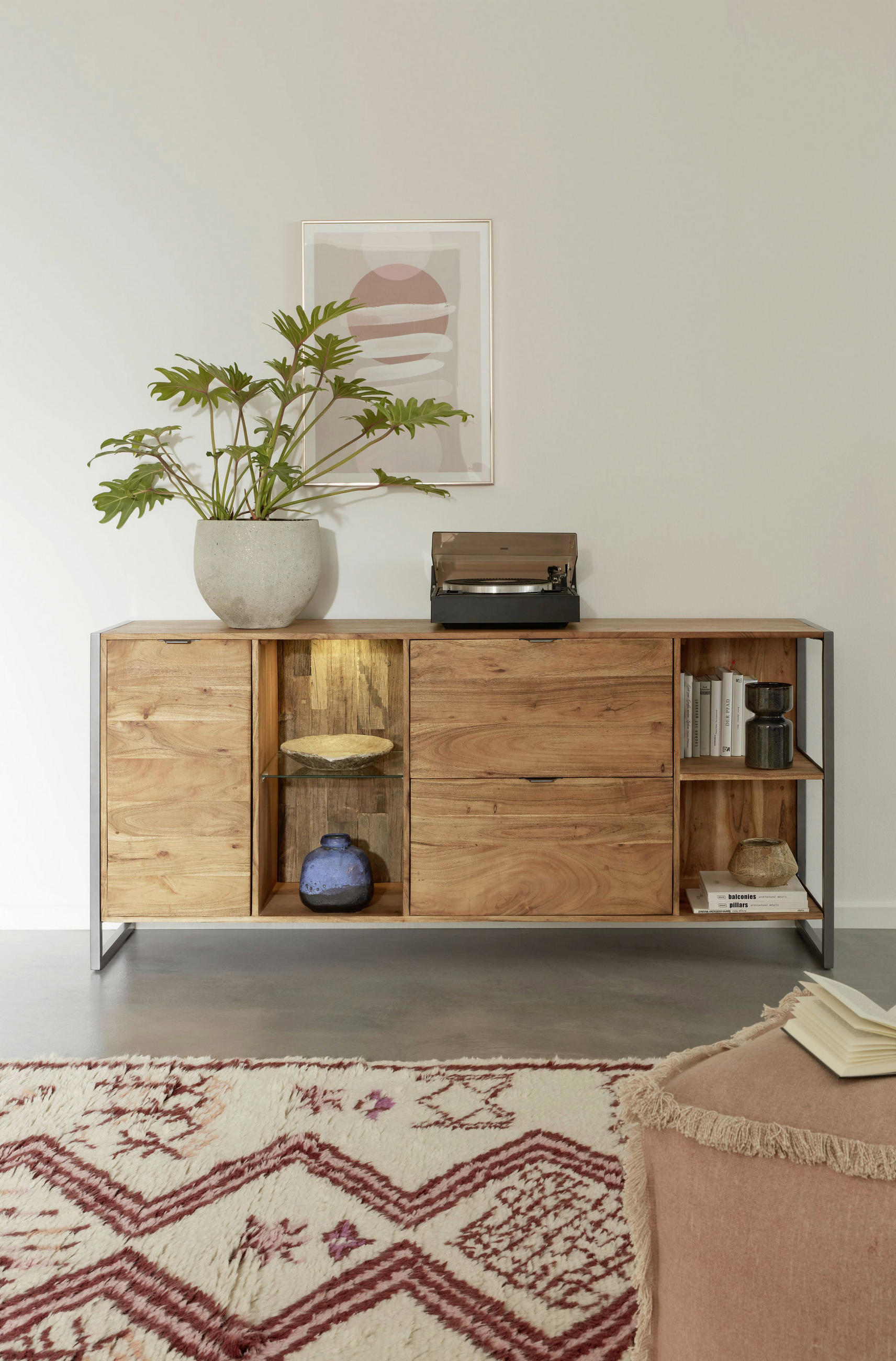 SIDEBOARD Akazie vollmassiv Akaziefarben Beleuchtung, Trafo - Anthrazit/Akaziefarben, Basics, Glas/Holz (180/82/40cm) - Livetastic