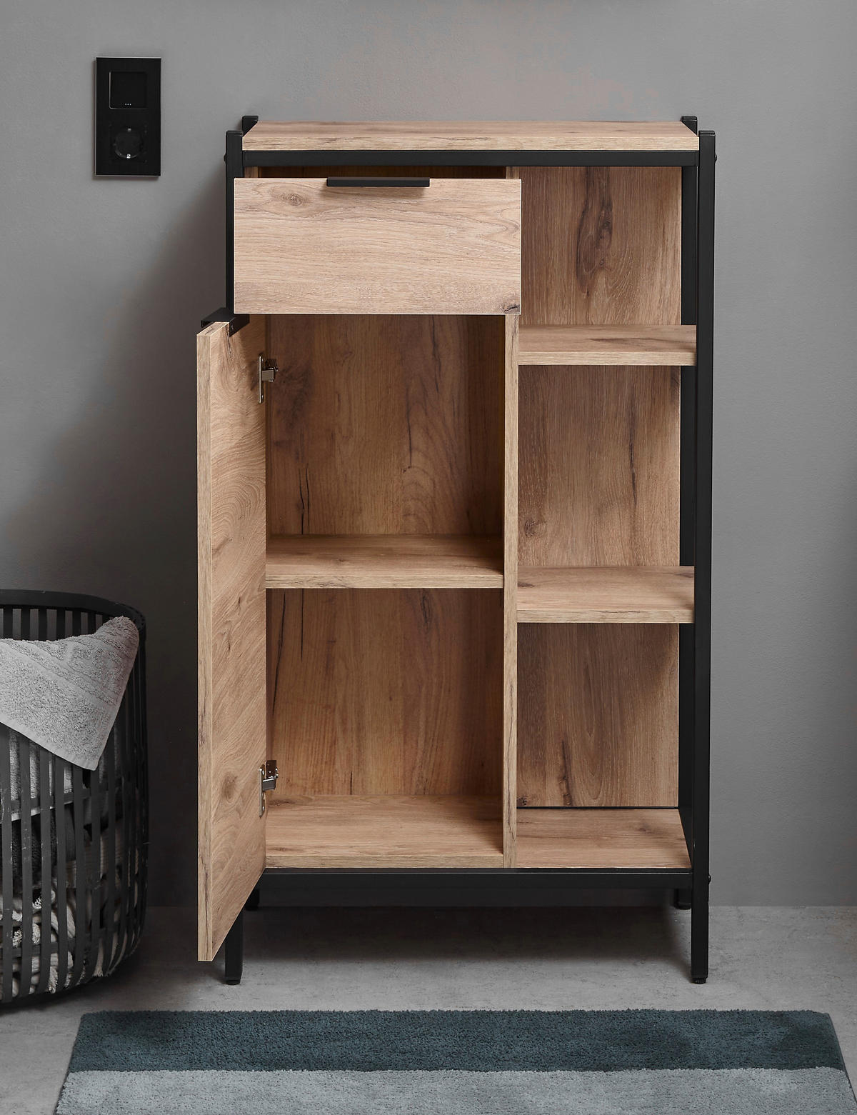 MIDISCHRANK 60/105/30 cm  - Eichefarben/Schwarz, KONVENTIONELL, Holzwerkstoff/Kunststoff (60/105/30cm) - home24