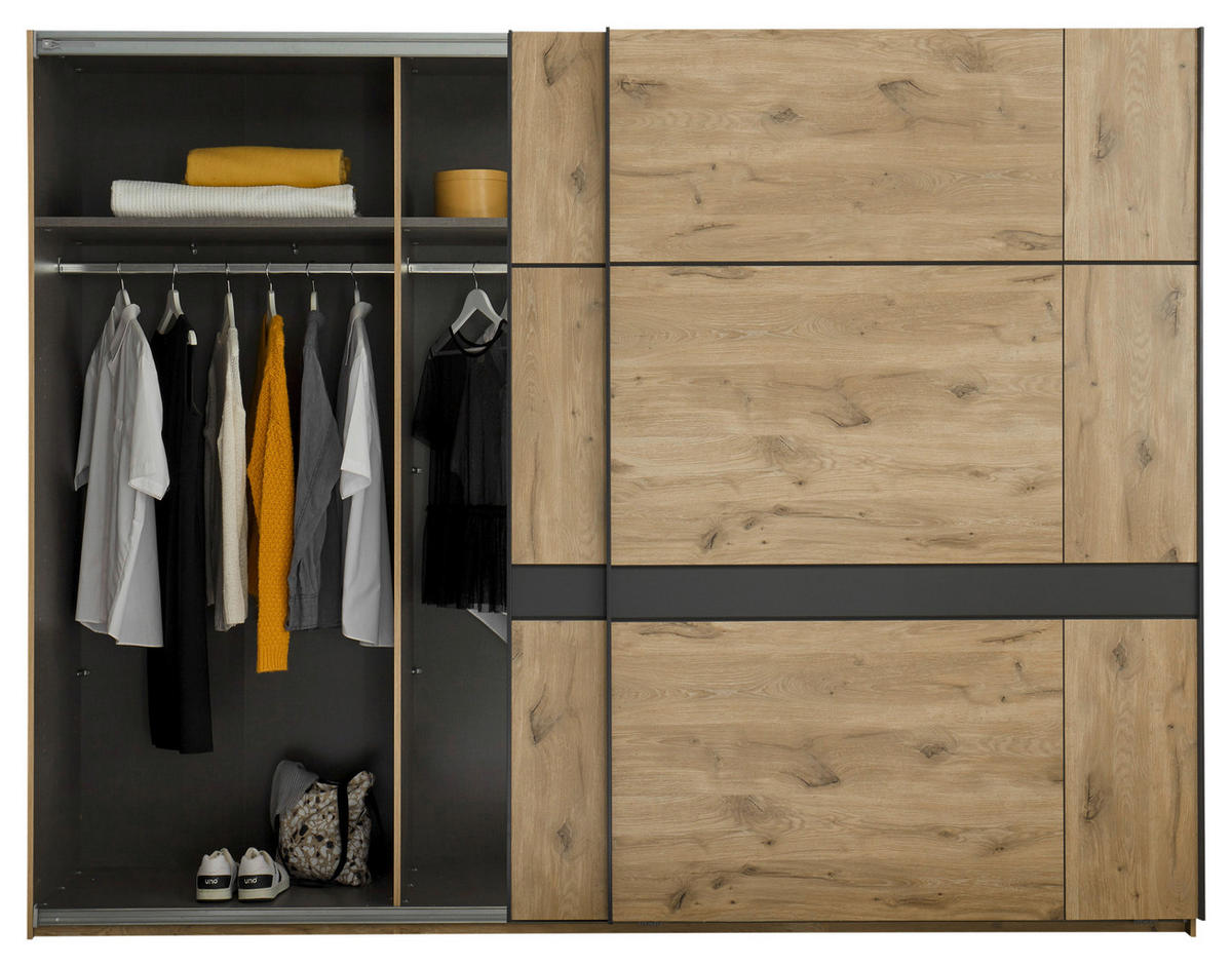 SCHWEBETÜRENSCHRANK in Graphitfarben, Eichefarben  - Eichefarben/Graphitfarben, Konventionell, Holzwerkstoff/Metall (270/210/60cm) - Ti'me