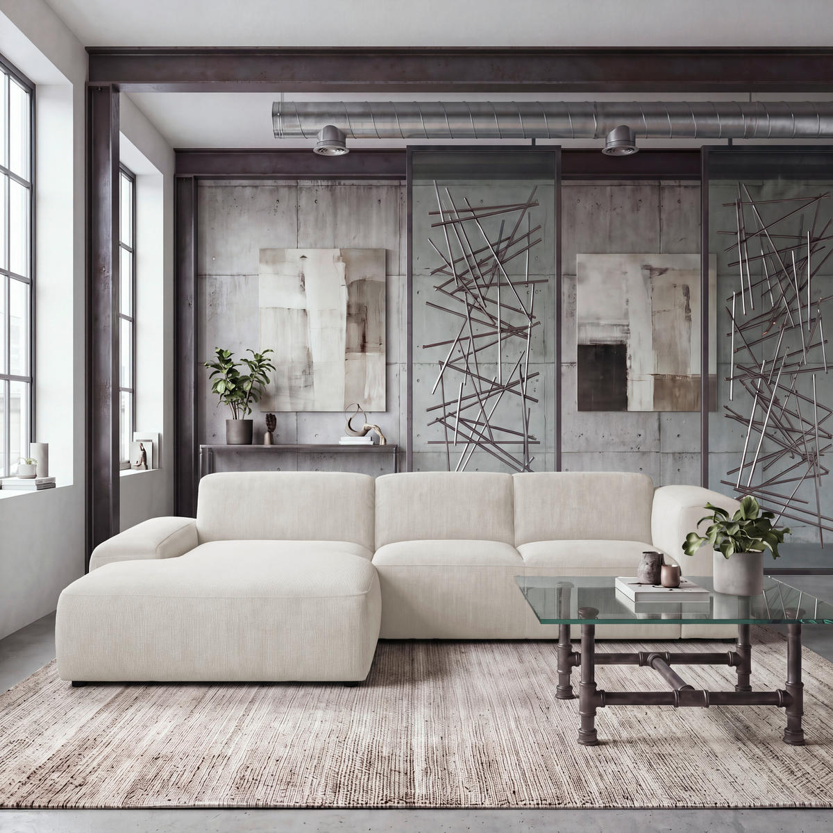 ECKSOFA HANNAH Creme Cord  - Creme/Schwarz, Design, Kunststoff/Textil (200/304cm) - MID.YOU