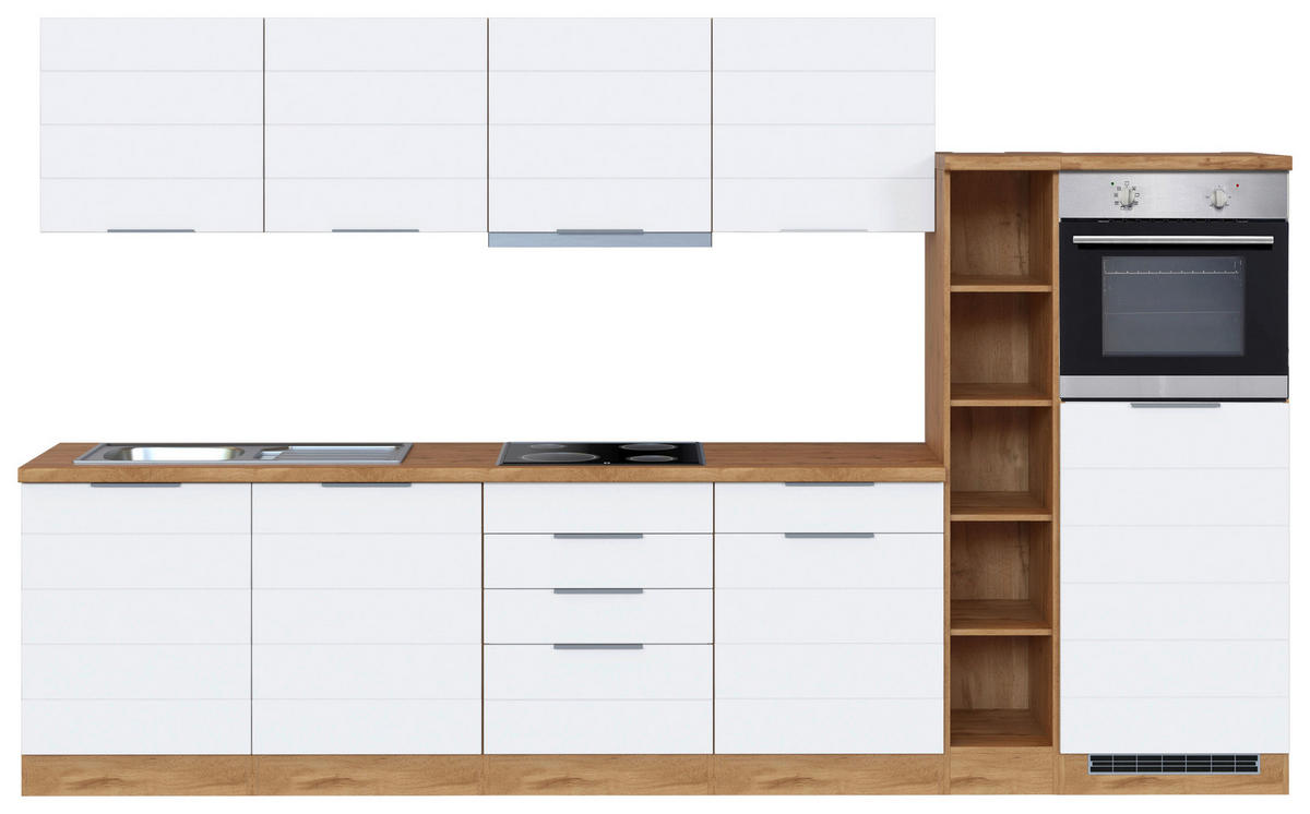 KÜCHENBLOCK 330 cm   in Weiss, Eiche Wotan  - Weiss/Eiche Wotan, Design, Holzwerkstoff/Metall (330cm) - Held