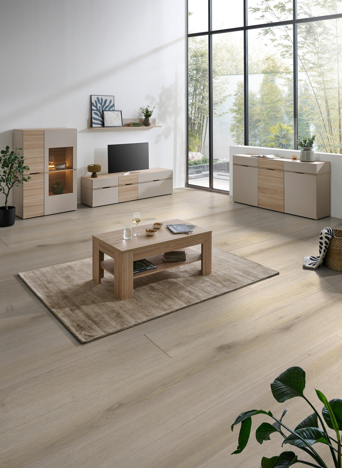 VITRINE Eichefarben, Sandfarben  94,9/138/41 cm  - Sandfarben/Eichefarben, Natur, Glas/Holzwerkstoff (94,9/138/41cm) - Ti'me
