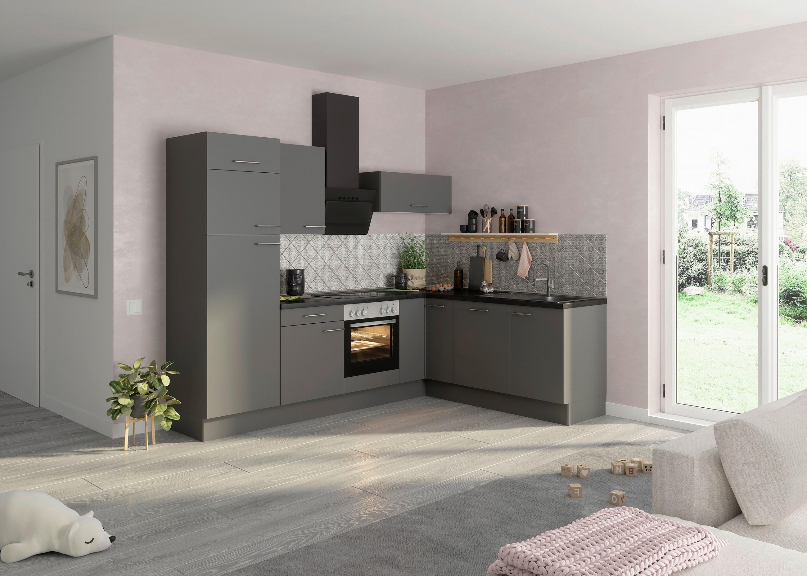 ECKKÜCHE 270/200 cm  in Grau  - Edelstahlfarben/Anthrazit, Basics, Holzwerkstoff/Metall (270/200cm) - Optifit