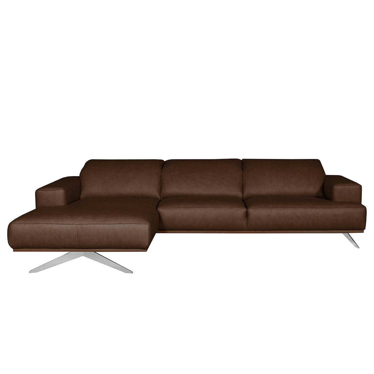 ECKSOFA Dunkelbraun Echtleder Rücken echt, Kopfteilverstellung  - Chromfarben/Dunkelbraun, Design, Leder/Metall (187/295cm) - Livetastic