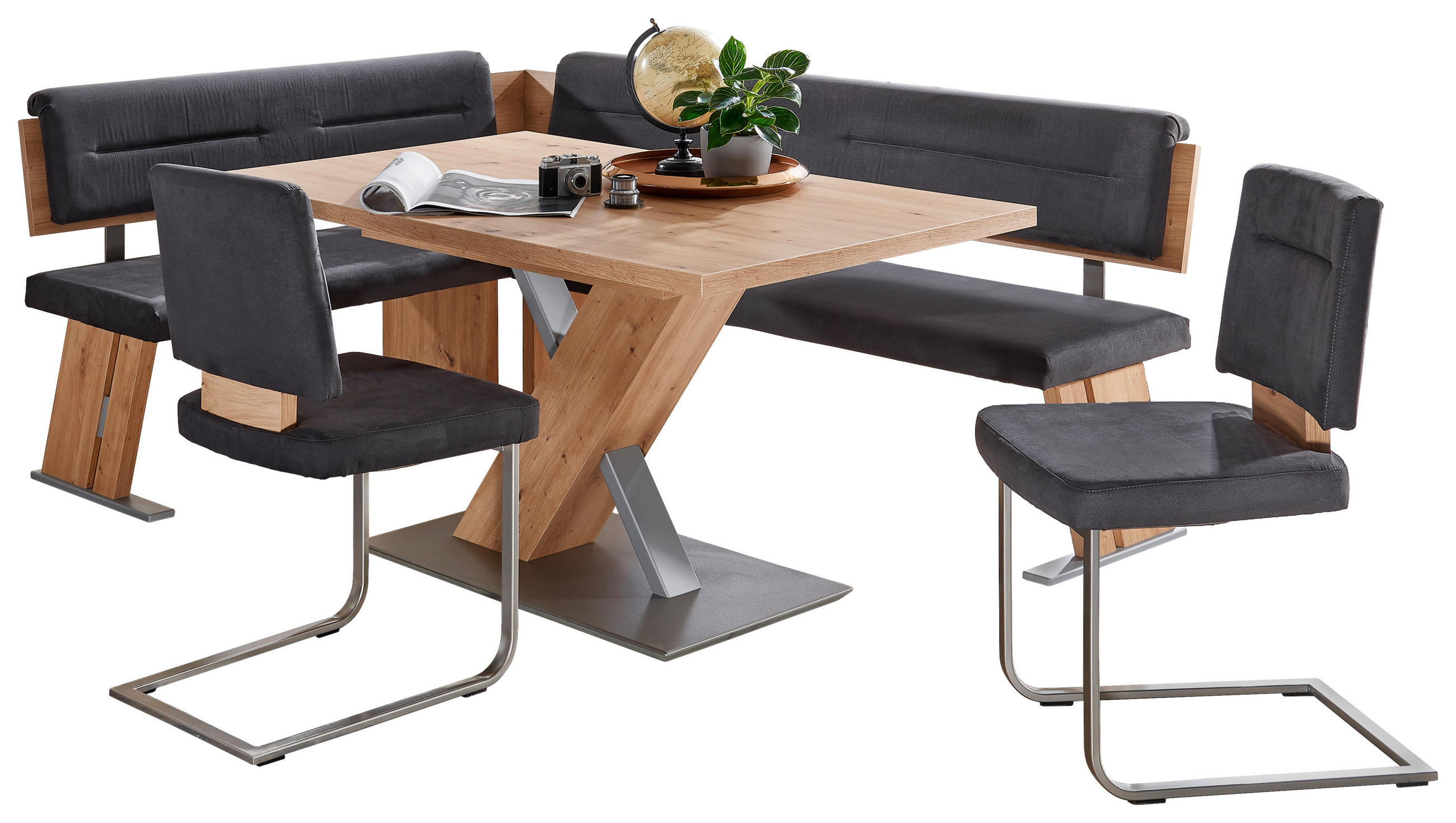 ECKBANKGRUPPE beflockt Anthrazit, Eichefarben, Edelstahlfarben  - Edelstahlfarben/Eichefarben, KONVENTIONELL, Textil/Metall (155/205cm) - Cantus