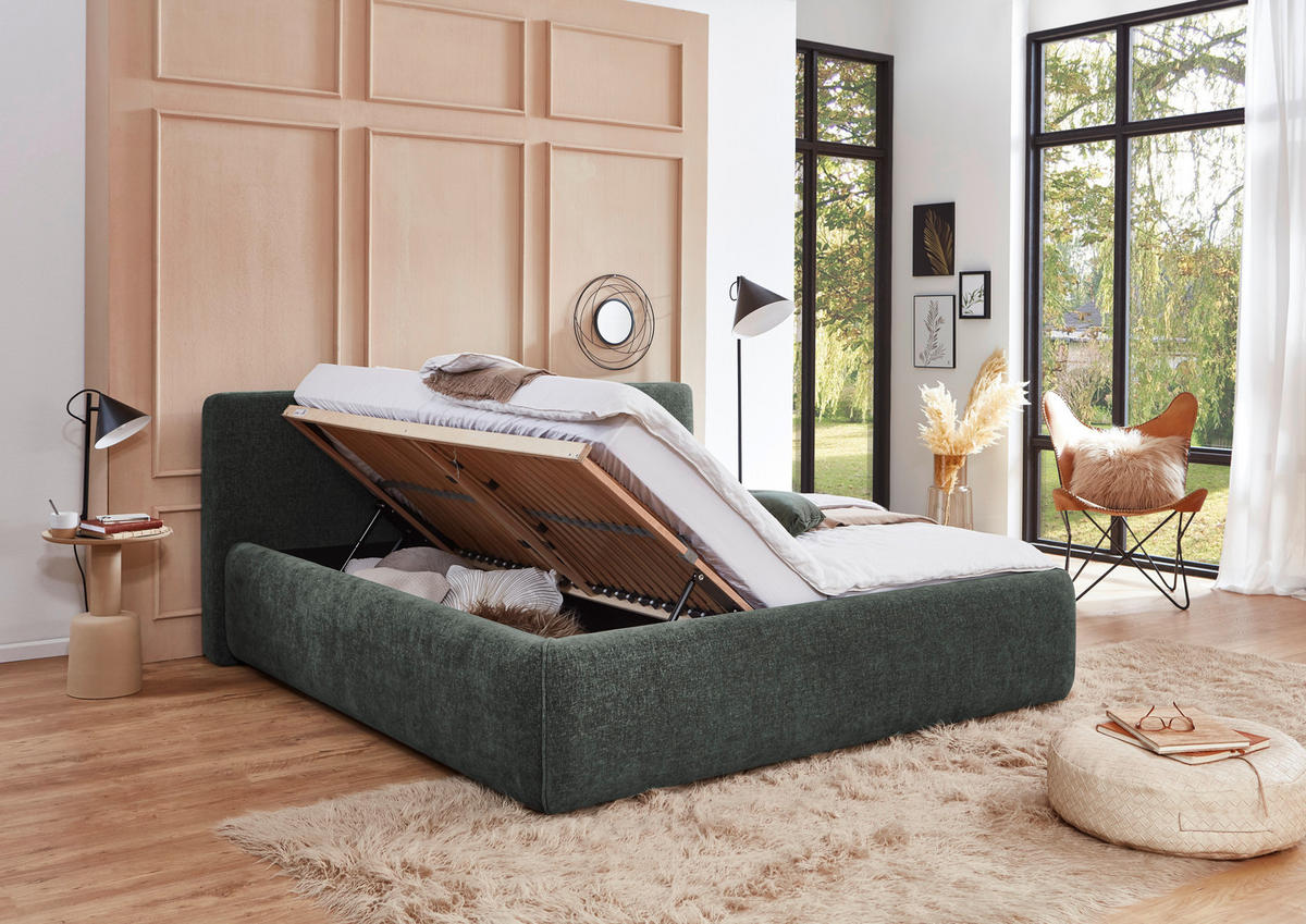 POLSTERBETT 180/200 cm,  in Grün, Bettkasten, Lattenroste,  - Birkefarben/Buchefarben, Design, Holz/Textil (180/200cm) - Xora