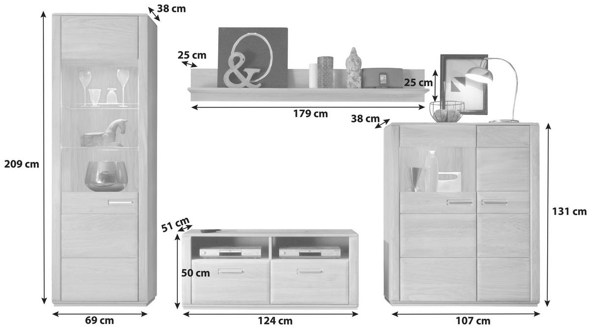 WOHNWAND  in Eichefarben 319/209/51 cm  - Eichefarben/Silberfarben, Design, Glas/Holz (319/209/51cm) - Livetastic