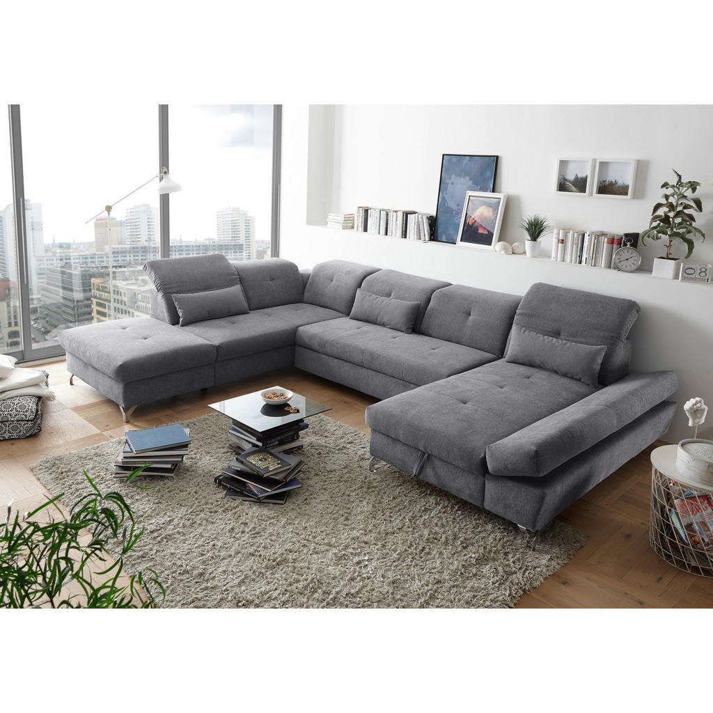Thumbnail - Mid.you Wohnlandschaft, Dunkelgrau, Textil, 8-Sitzer, U-Form, 350x245 cm, Made in EU, seitenverkehrt erhältlich, Schlafe...