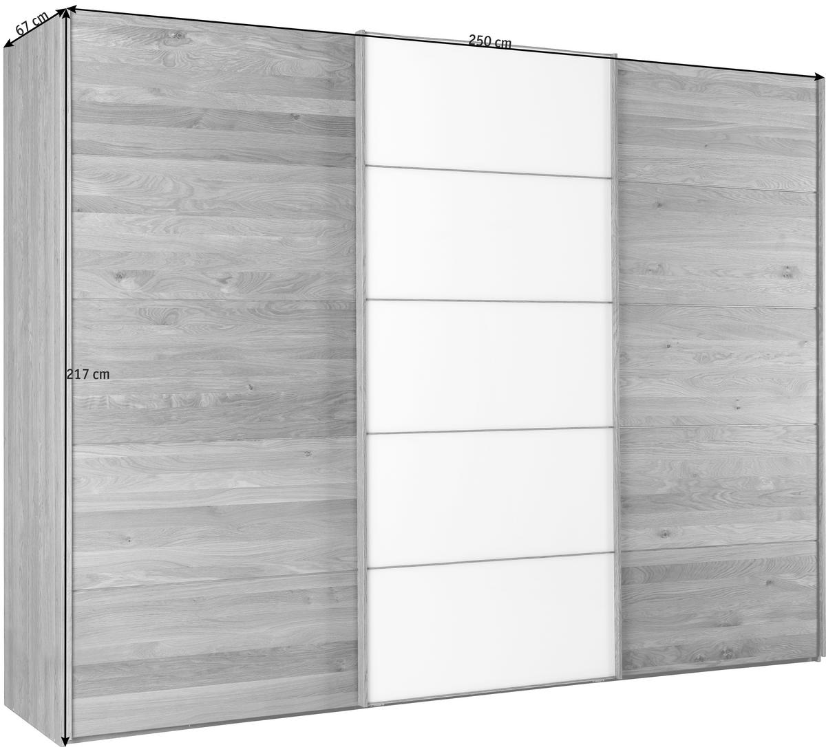 SCHWEBETÜRENSCHRANK 250/217/67 cm 3-türig Weiß, Eichefarben  - Eichefarben/Weiß, Design, Glas/Holz (250/217/67cm) - Linea Natura