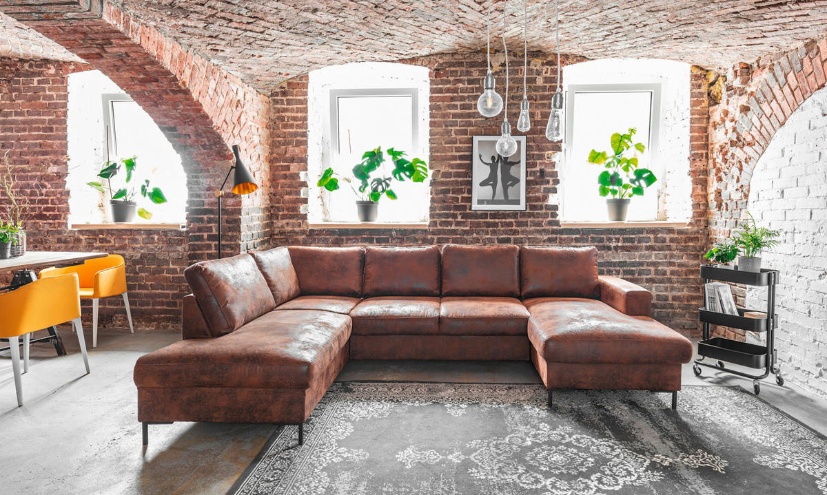WOHNLANDSCHAFT in Mikrofaser Braun  - Schwarz/Braun, Modern, Textil/Metall (198/304/149cm) - MID.YOU