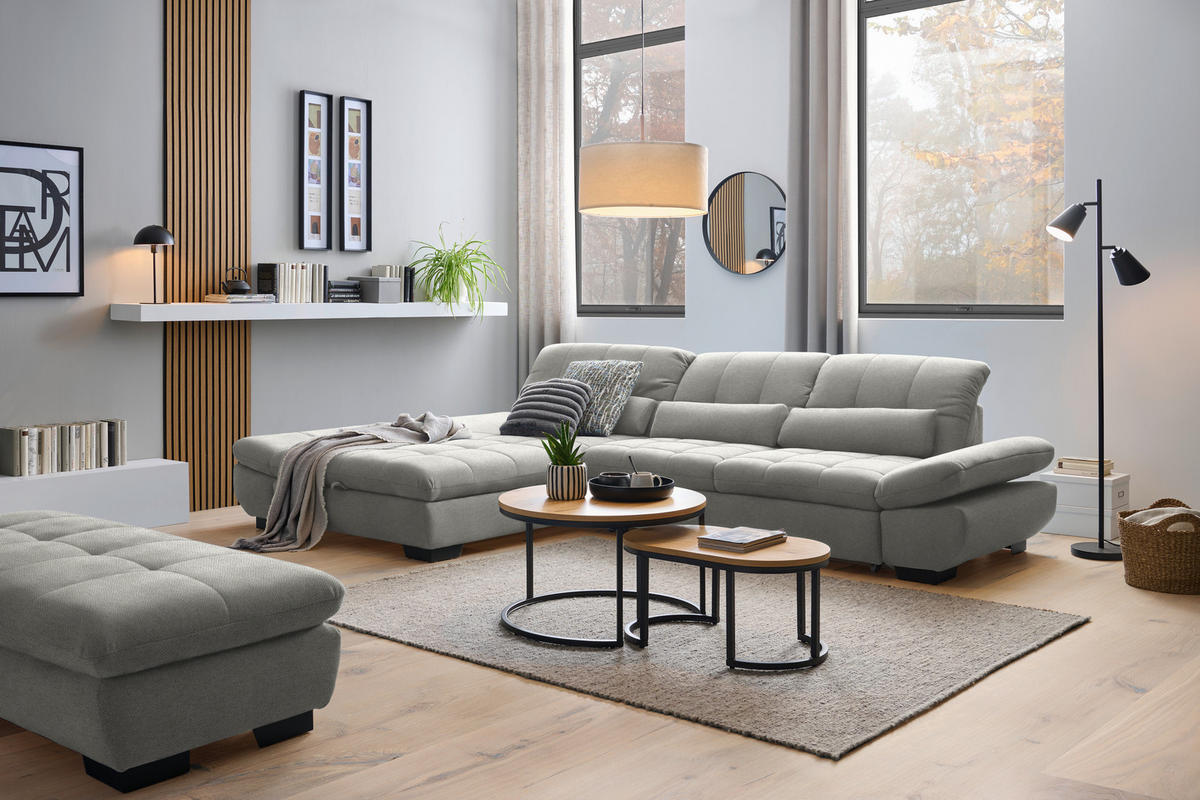 ECKSOFA Flachgewebe Hellgrau  - Hellgrau/Schwarz, Design, Textil/Metall (204/341cm) - Xora