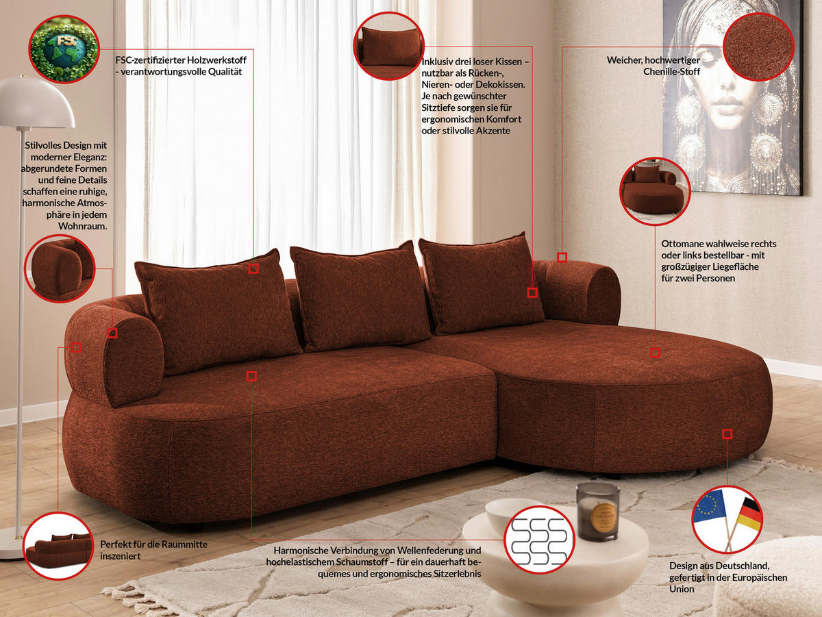 ECKSOFA in Chenille Rostfarben  - Rostfarben/Schwarz, Design, Kunststoff/Textil (256/156cm) - Livetastic