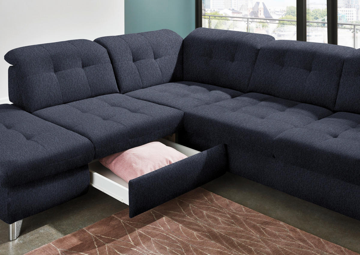 ECKSOFA in Chenille Dunkelblau  - Chromfarben/Dunkelblau, Design, Textil/Metall (260/310cm) - Beldomo Speed