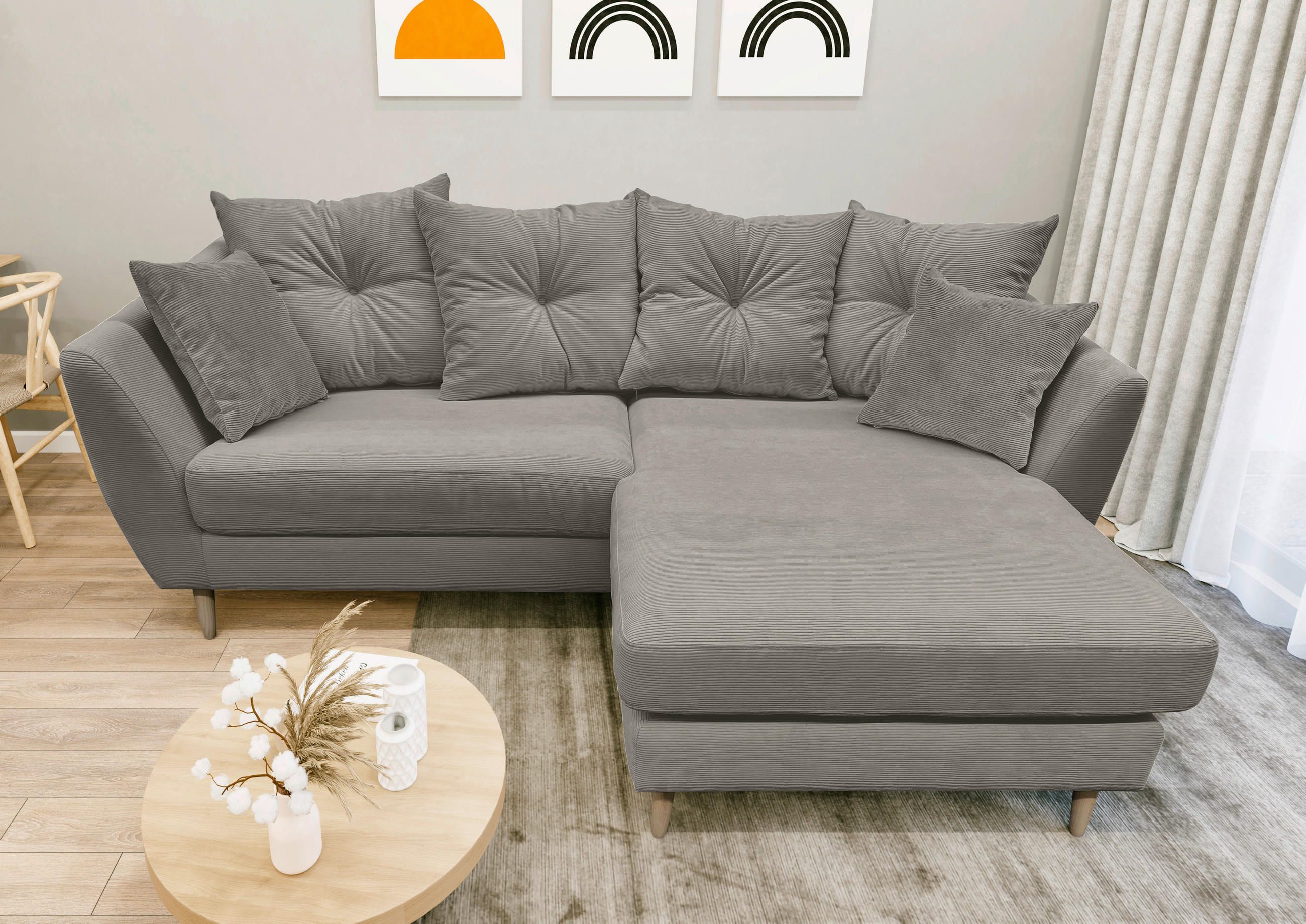 ECKSOFA Grau Feincord  - Buchefarben/Grau, KONVENTIONELL, Holz/Textil (211/154cm) - Carryhome