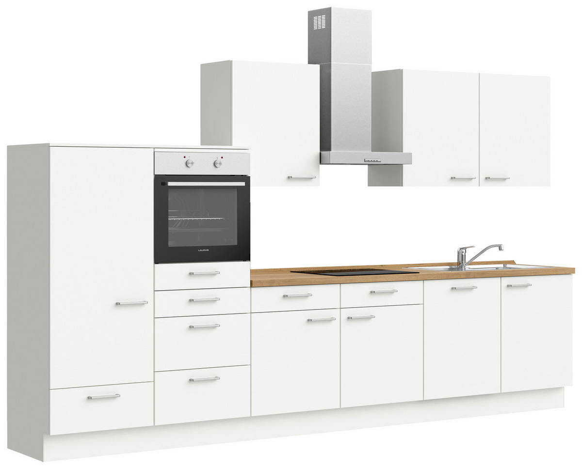 KÜCHENBLOCK 360 cm   in Weiß, Eichefarben  - Edelstahlfarben/Eichefarben, MODERN, Holzwerkstoff/Metall (360cm) - Nobilia