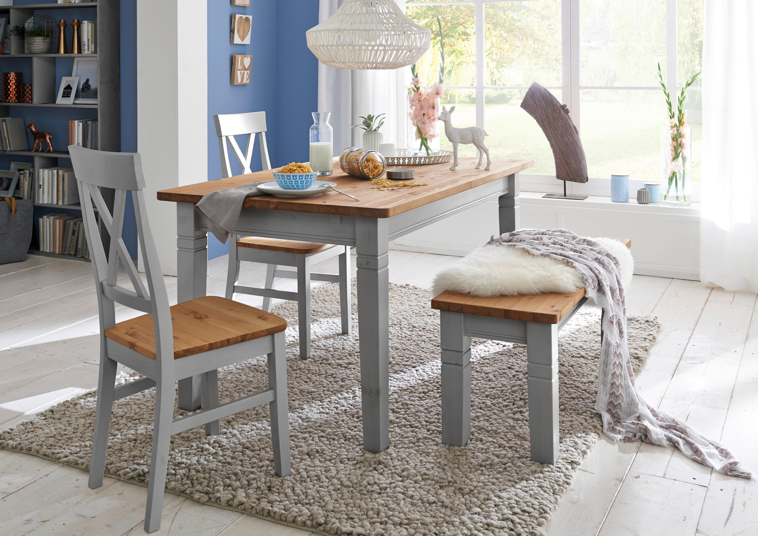SITZBANK 130/46/40 cm Grau, Laugenfarbig Kiefer massiv  - Laugenfarbig/Grau, ROMANTIK / LANDHAUS, Holz (130/46/40cm) - Boxxx