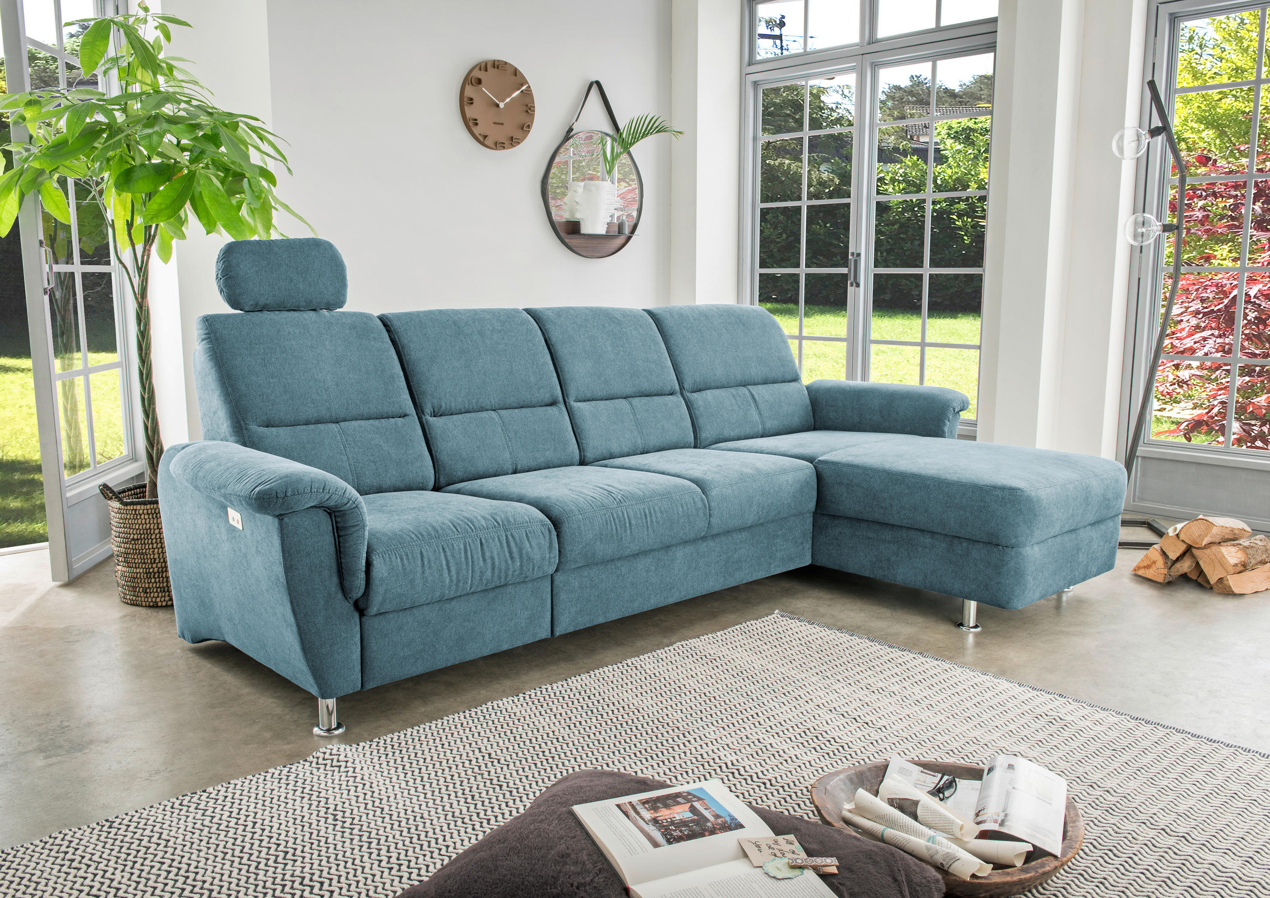 ECKSOFA Hellblau Mikrofaser - Chromfarben/Hellblau, KONVENTIONELL, Textil/Metall (292/165cm) - Livetastic