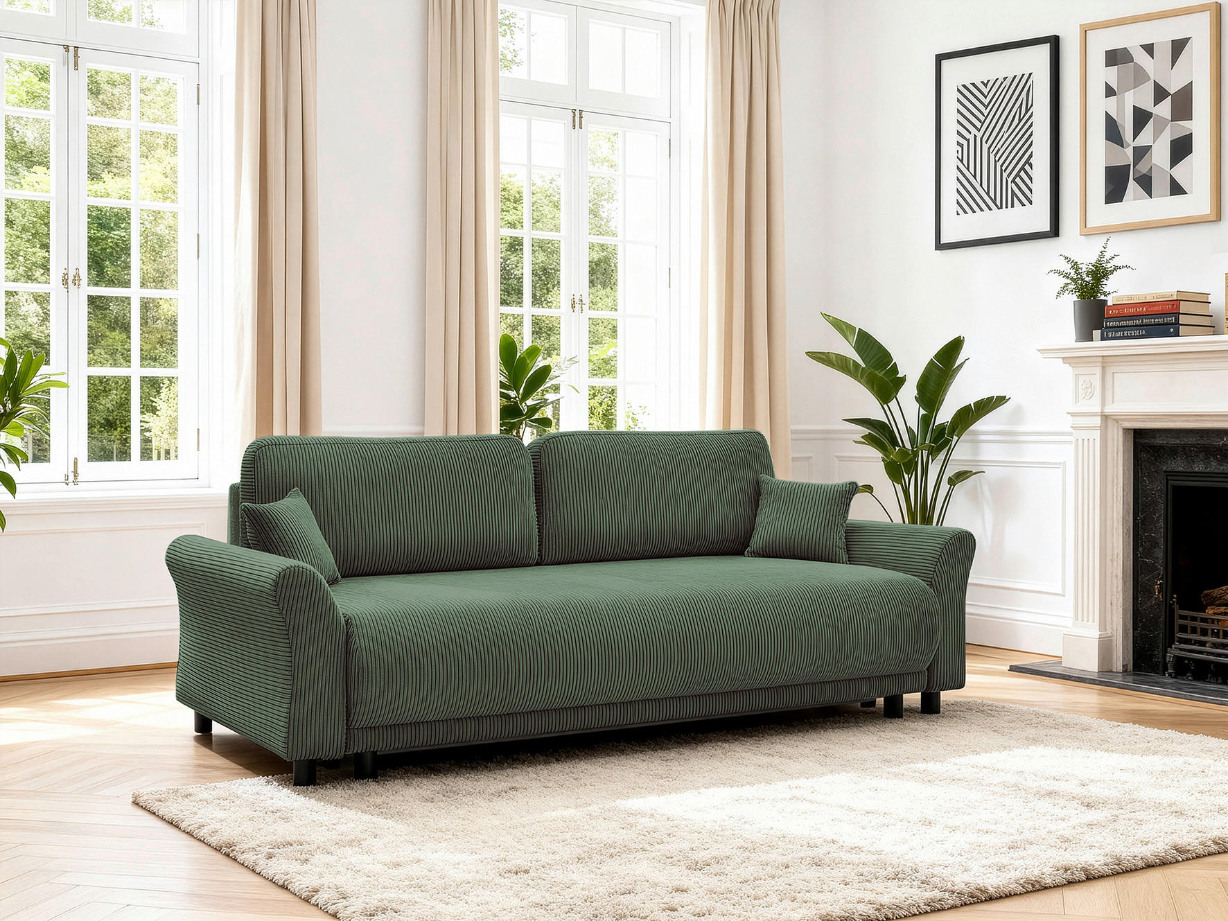 SCHLAFSOFA Malta Cord Grün  inkl. Zierkissen, Rückenkissen, Bettkasten, Schlaffunktion, Rücken echt  - Schwarz/Grün, Design, Textil (244/88/100cm) - P & B