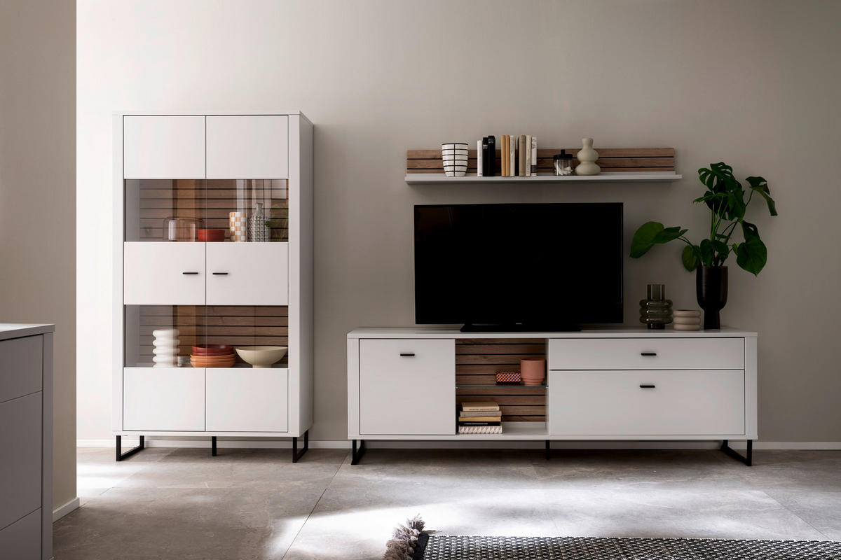 WOHNWAND  in Weiss, Eichefarben 326/185/44 cm  - Weiss/Eichefarben, Design, Glas/Holzwerkstoff (326/185/44cm) - Stylife