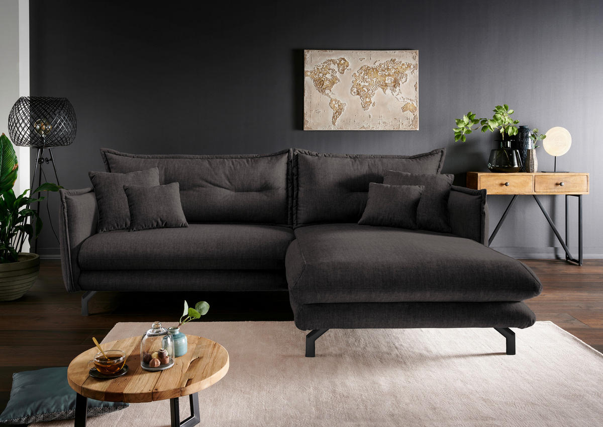 ECKSOFA in Velours Anthrazit  - Türkis/Anthrazit, Modern, Textil/Metall (255/180cm) - Livetastic