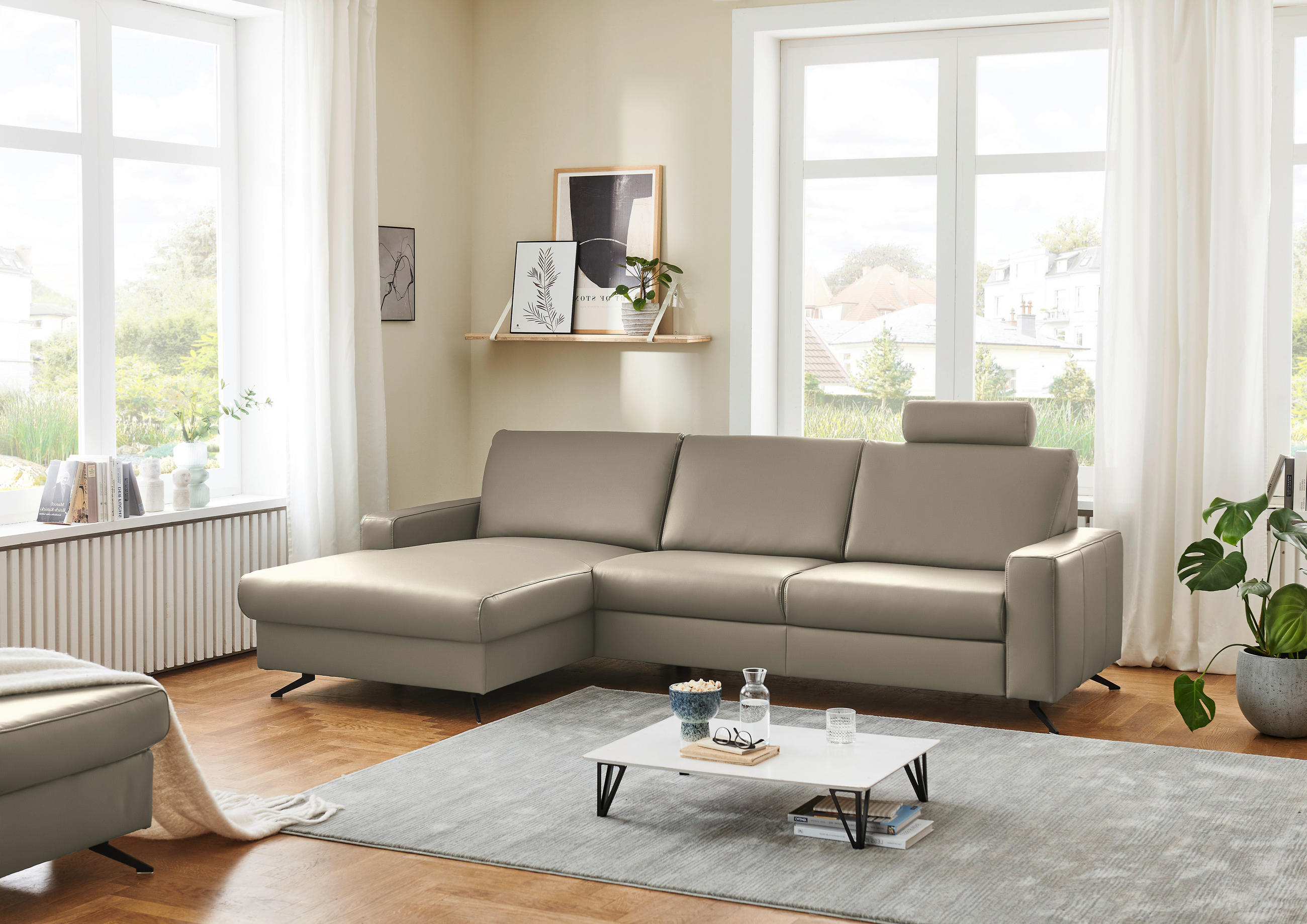 ECKSOFA in Echtleder Ecru  165/267 cm  - Ecru/Schwarz, Design, Leder/Metall (165/267cm) - Lomoco
