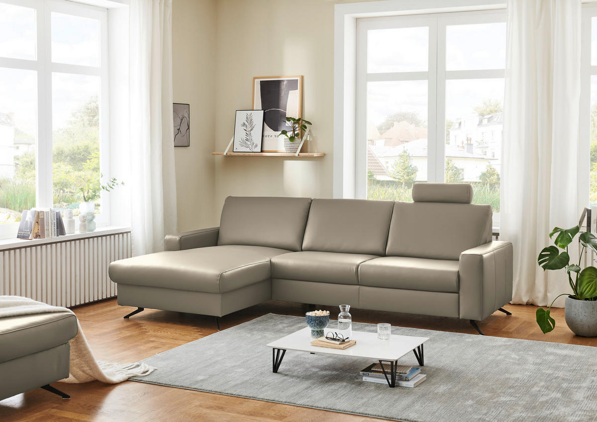 ECKSOFA in Echtleder Ecru  - Ecru/Schwarz, Design, Leder/Metall (165/267cm) - Lomoco