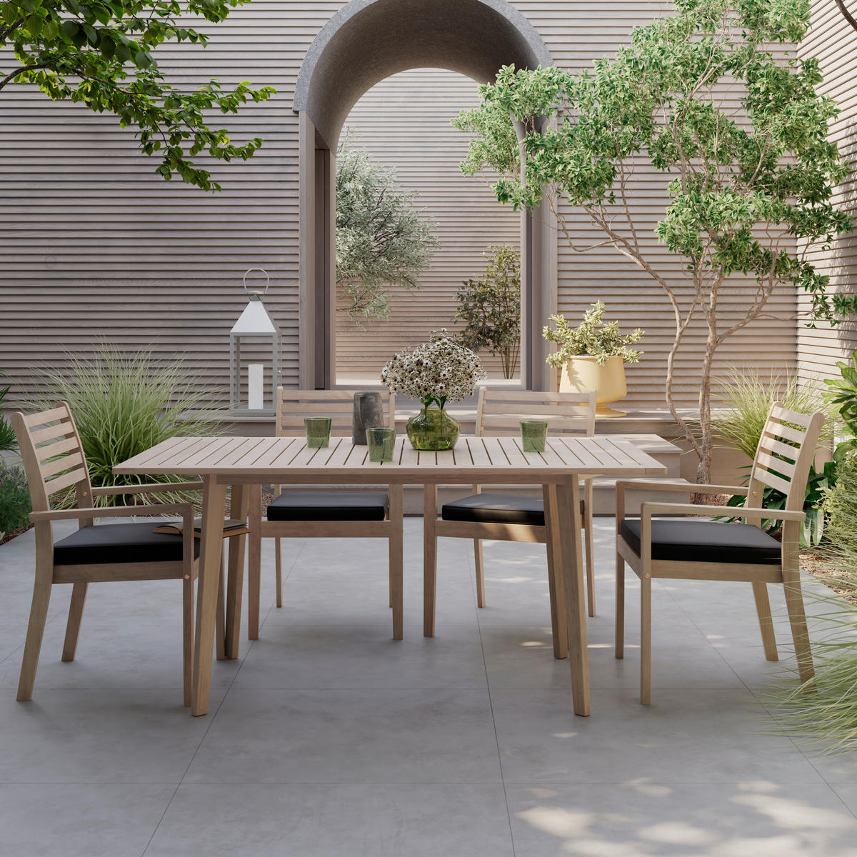 GARTENTISCHGRUPPE Akaziemassiv  - Anthrazit/Teakfarben, Natur, Holz/Kunststoff - Ambia Garden