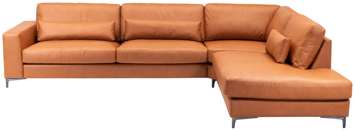 SOFFA i läderimitation (vegan) cognacfärgad  - stålfärgad/cognacfärgad, Klassisk, metall/trä (330/80/255cm) - Welnova