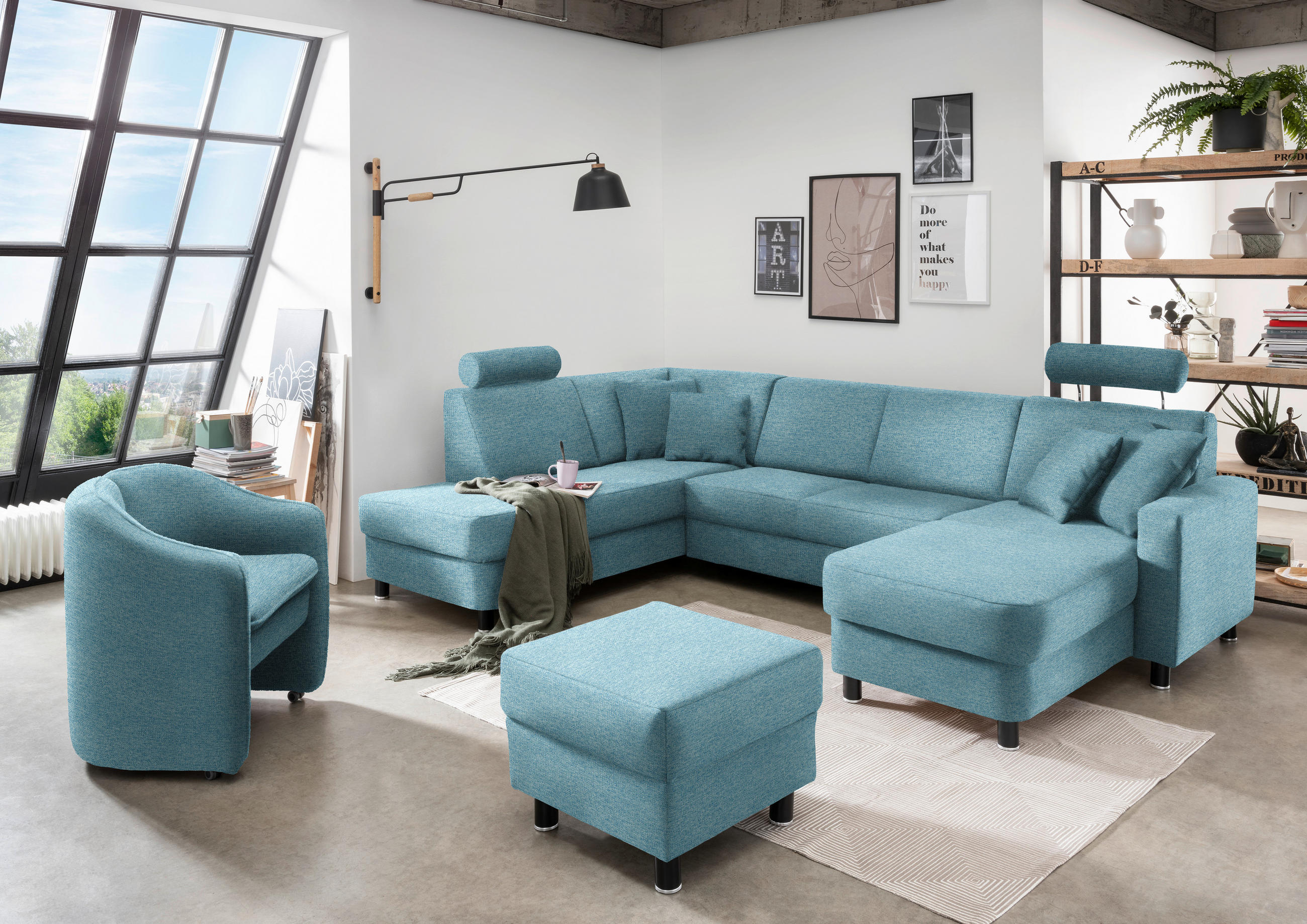 WOHNLANDSCHAFT in Webstoff Hellblau  - Schwarz/Hellblau, Design, Holz/Textil (198/296/165cm) - Xora