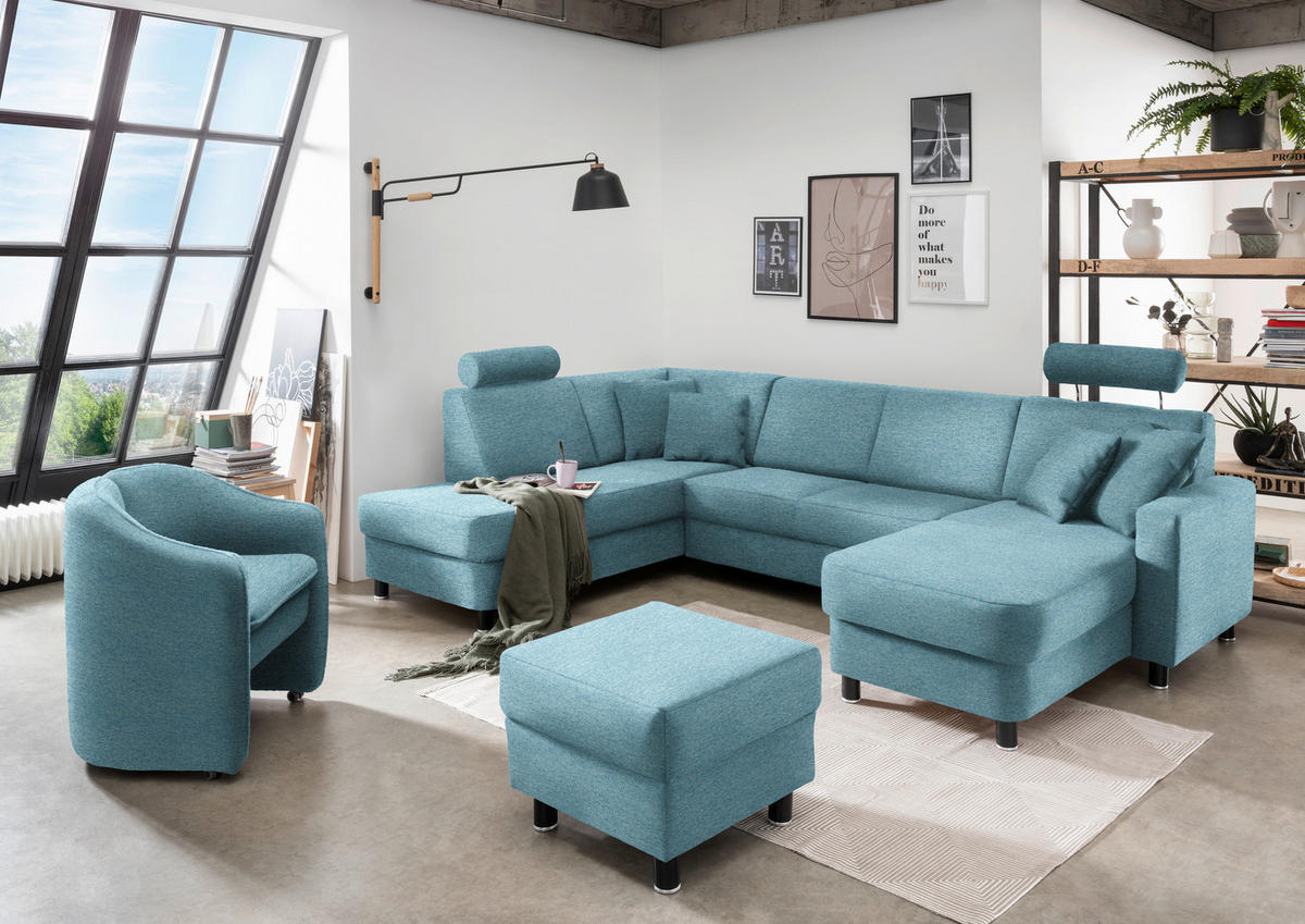 WOHNLANDSCHAFT in Webstoff Hellblau  - Schwarz/Hellblau, Design, Holz/Textil (198/296/165cm) - Xora