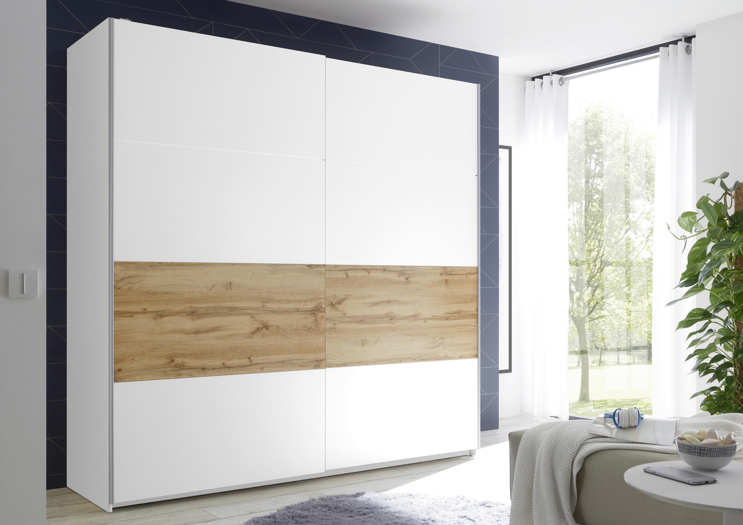 OMARA Z DRSNIMI VRATI, bela, hrast - bela/hrast, Moderno, kovina/leseni material (215/210/60cm) - Hom`in