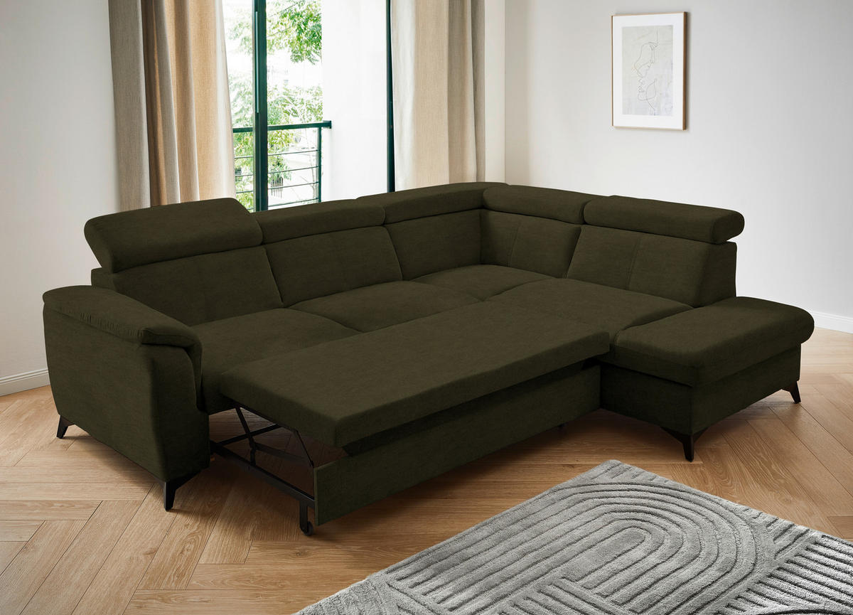ECKSOFA in Mikrofaser Olivgrün  - Schwarz/Olivgrün, Design, Textil/Metall (260/203cm) - Stylife