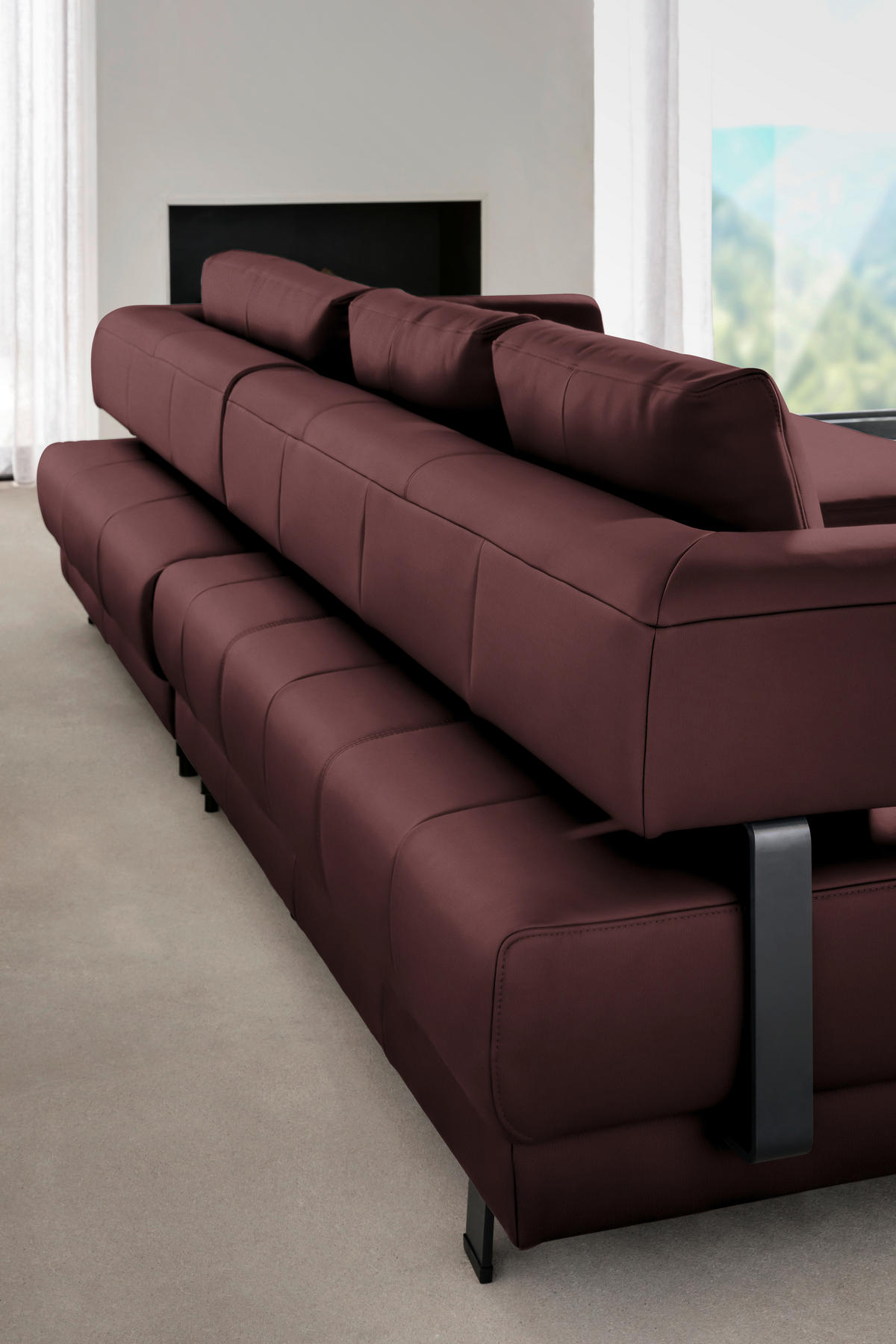 CANAPÉ D'ANGLE in Echtleder Bordeaux  - Bordeaux/Schwarz, Design, Leder/Metall (307/188cm)