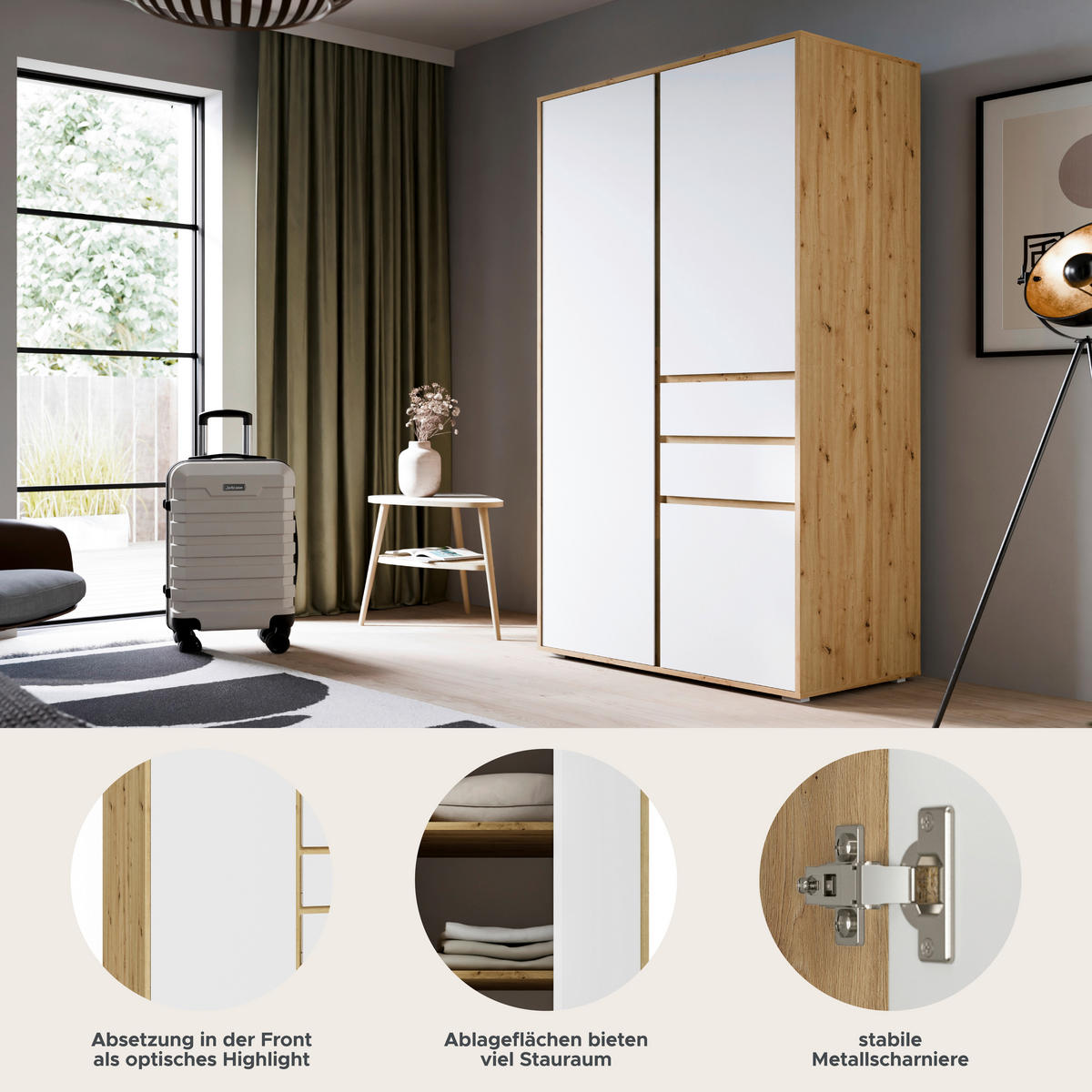 DREHTÜRENSCHRANK 100/194/56 cm,  in Weiß, Eiche Artisan, 3-türig  - Weiß/Eiche Artisan, MODERN, Holzwerkstoff (100/194/56cm) - MID.YOU