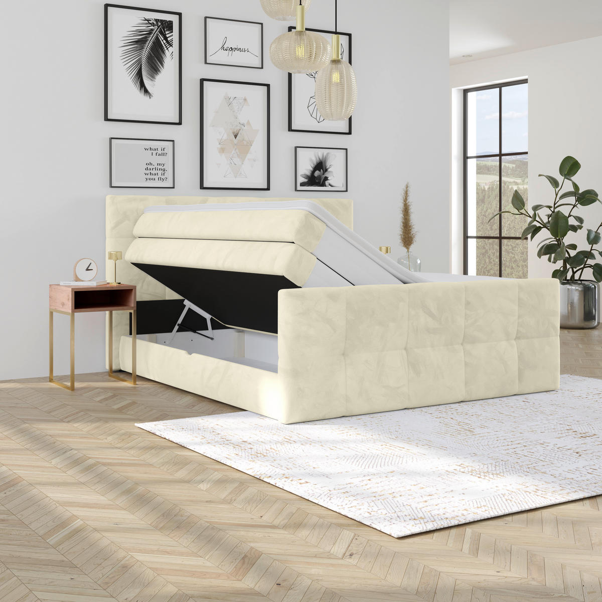 BOXSPRINGBETT 160/200 cm,  in Champagner, gepolstertes Kopfteil, Bettkasten, Topper, Matratzen, H4 + H4 = sehr fest  - Champagner, KONVENTIONELL, Holz/Holzwerkstoff (160/200cm) - Luca Bessoni