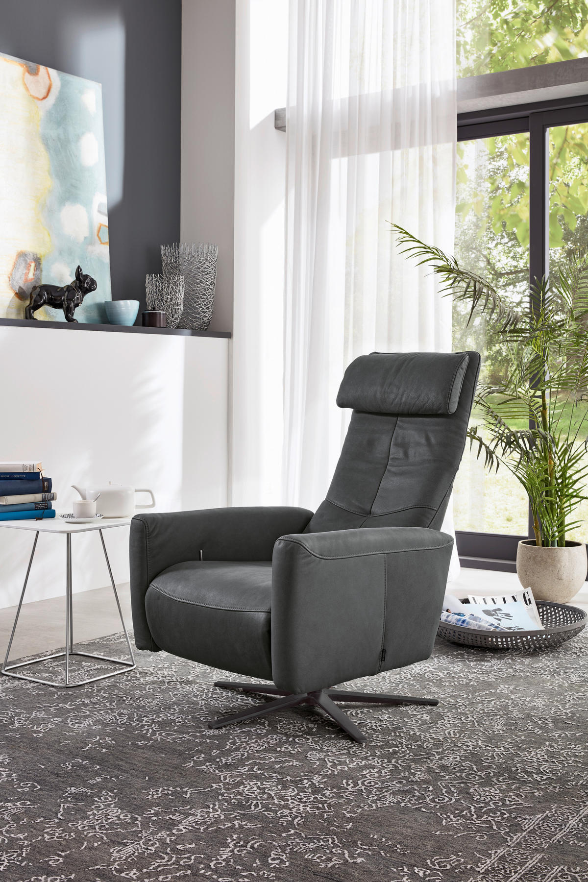 RELAXSESSEL Echtleder Relaxfunktion, Kopfteilverstellung, Rücken echt    - Schwarz/Graphitfarben, Design, Leder/Metall (74/88-117/82-183cm) - Musterring