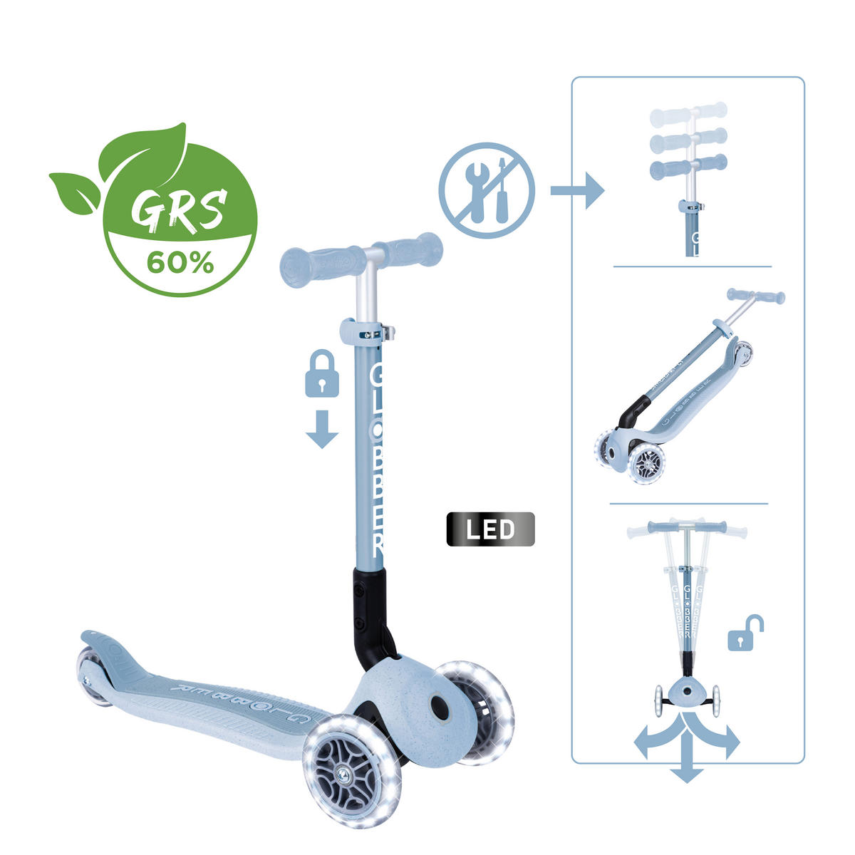 KINDERSCOOTER JUNIOR FOLDABLE LIGHTS ECO  - Pastellblau, Basics, Kunststoff (57.5/28/68cm) - GLOBBER